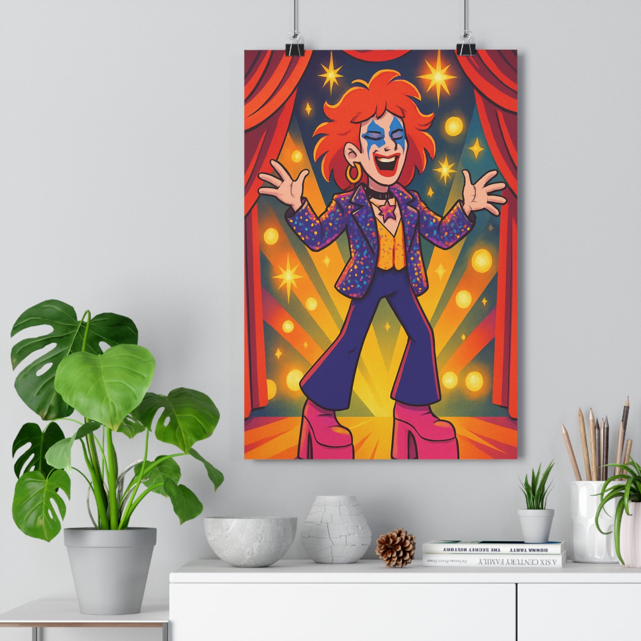 Poster décoratif glamour années 70 orange bleu vintage salon chambre énergique paillettes lumineux tendance