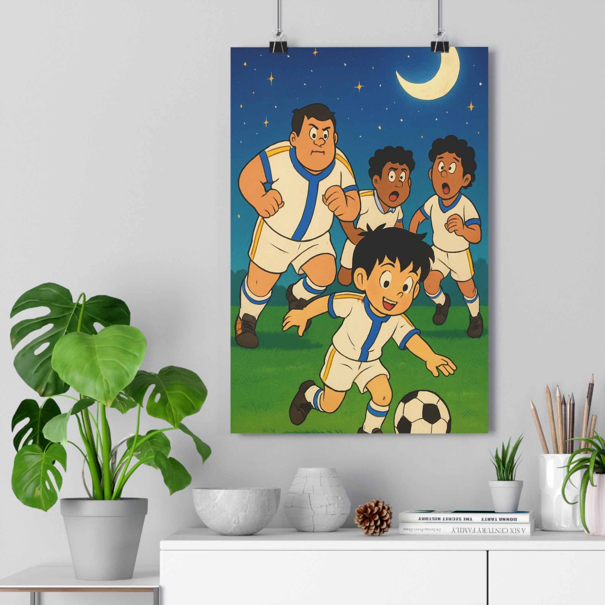 Poster décoratif cartoon football blanc bleu jaune joyeux enfant chambre sport dynamique 30x46 qualité
