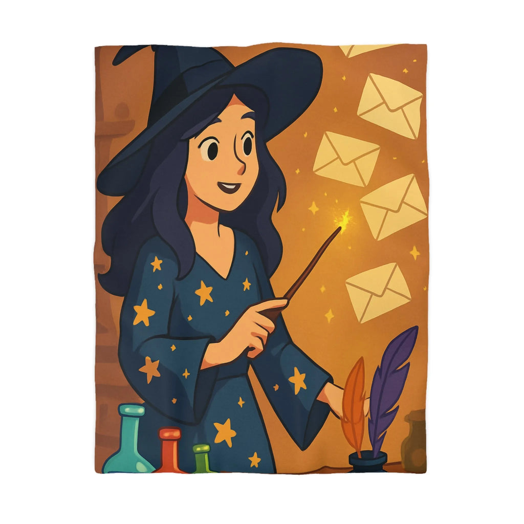 Housse de couette magique avec apprentie sorcière, quill et enveloppes flottantes animées