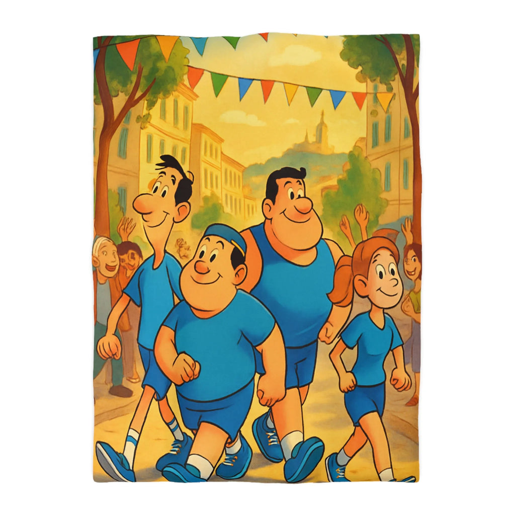 Housse de couette colorée avec personnages marchant joyeusement dans une rue animée