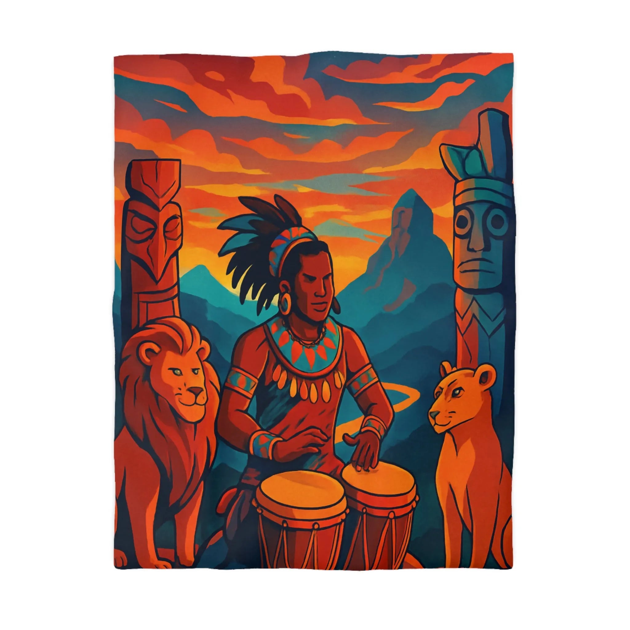 Housse de couette exotique avec musicien, tambours et totems en ambiance chaleureuse