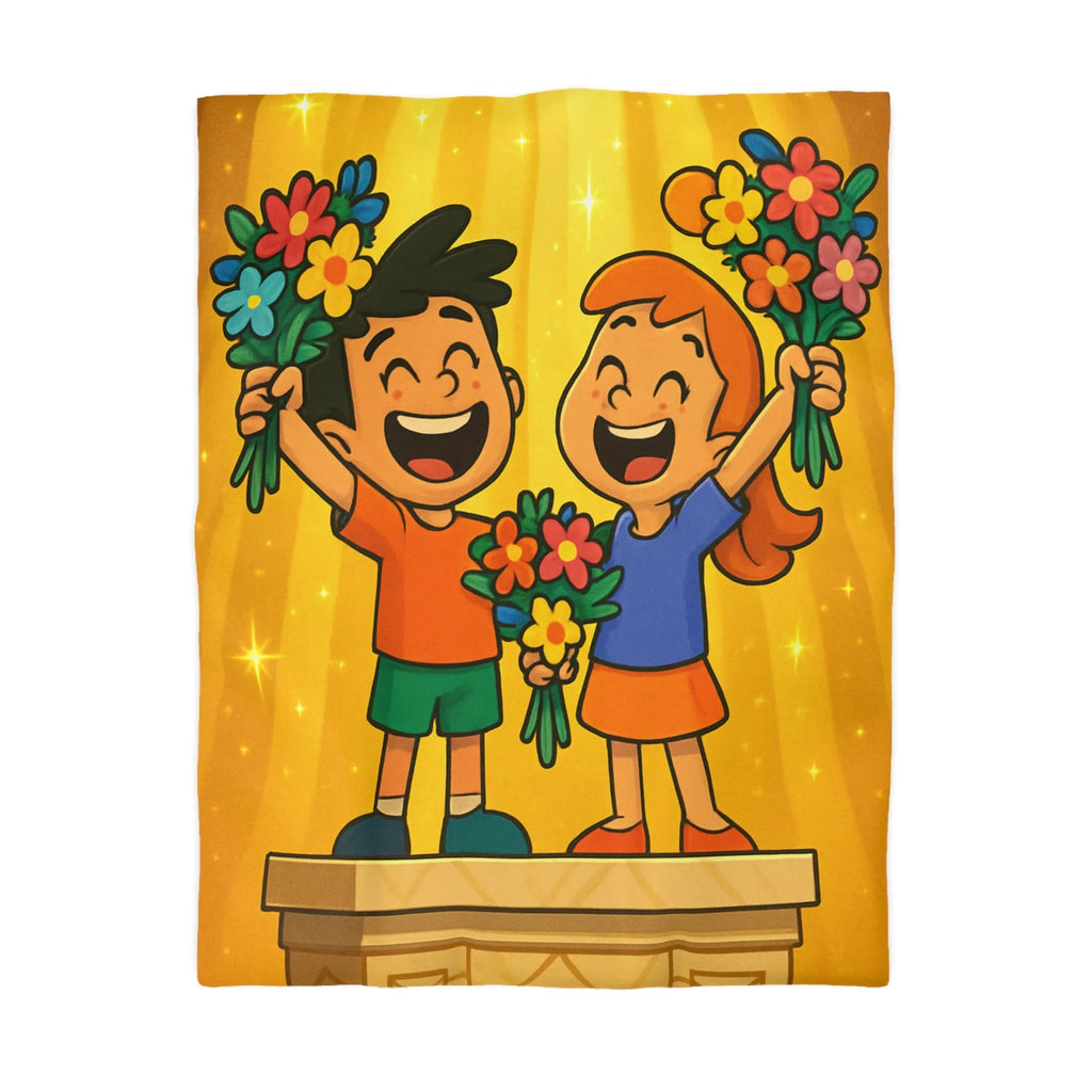 Dessin mignon d'enfants célébrant avec des bouquets de fleurs illuminés de rayons dorés