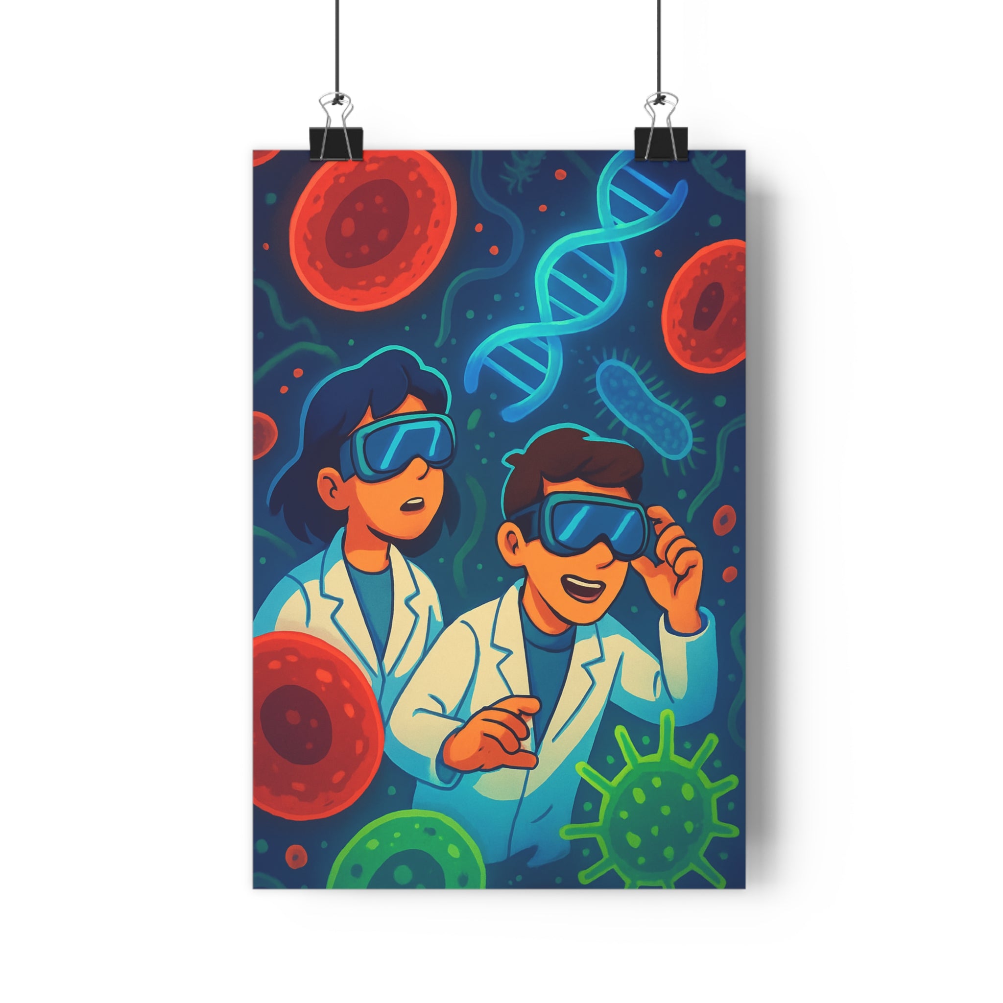 Poster décoratif cartoon scientifique rouge bleu vert éducatif classe bureau ludique dynamique cellules structures