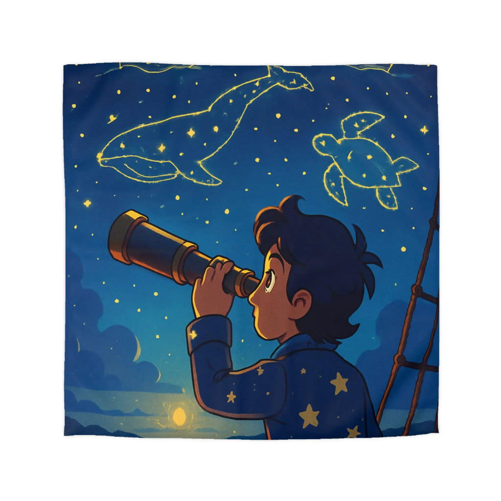 Housse de Couette Étoilée Enfant Rêveur Observant Constellations Célestes Bleu Nuit