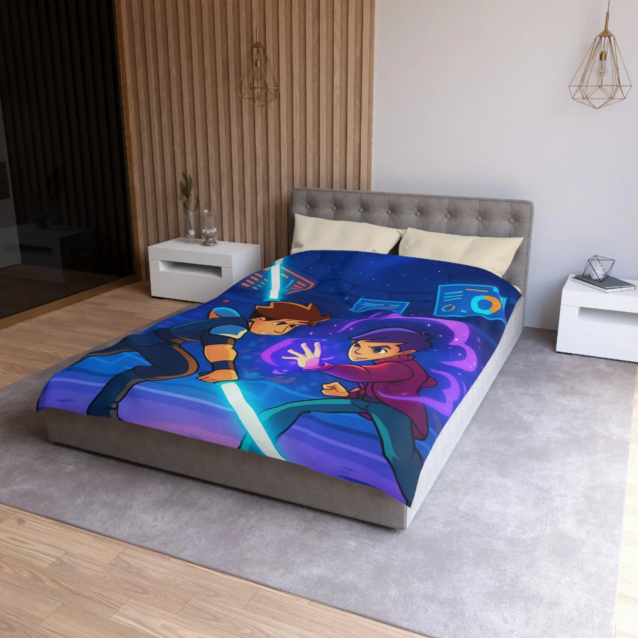 Housse de Couette Enfant Design Combat Futuriste avec Épées Laser et Pouvoirs Magiques