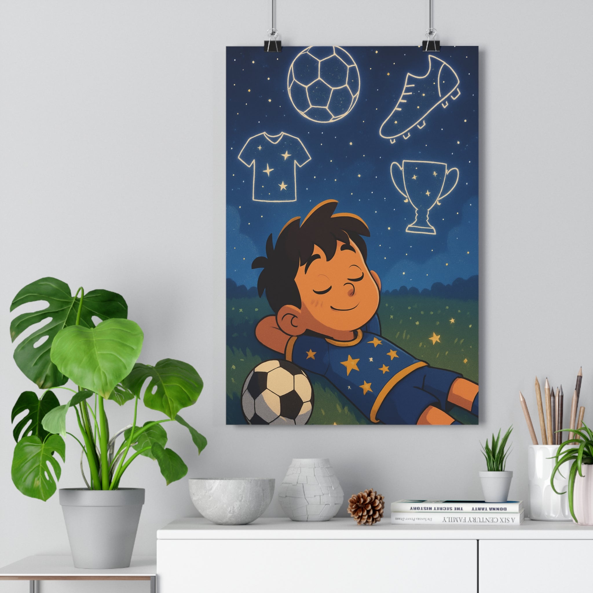 Poster décoratif artistique cartoon rêveur bleu nuit enfant chambre mystique football ballon étoilé ambiance