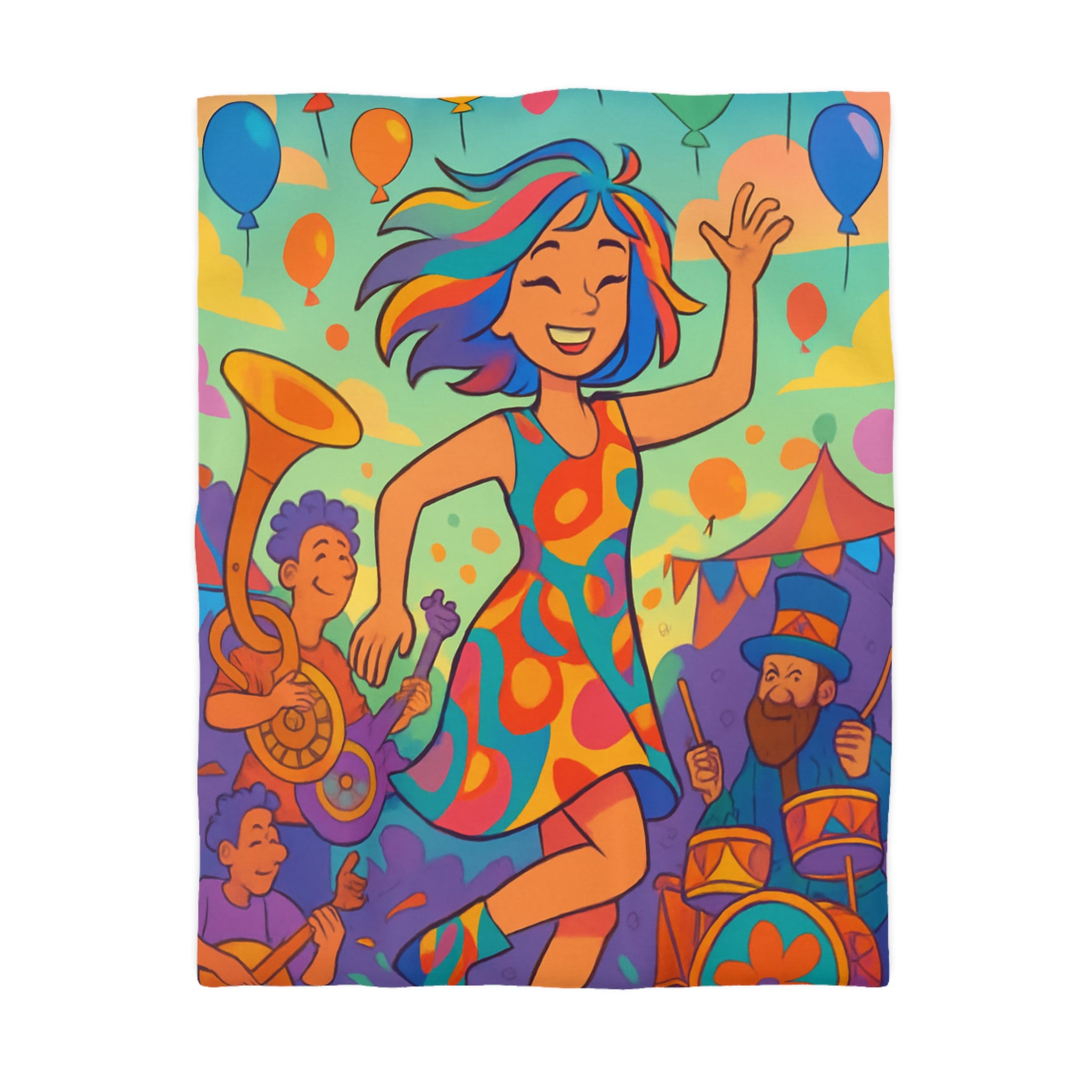 Housse de couette multicolore avec motif de fête joyeuse et personnages dansants