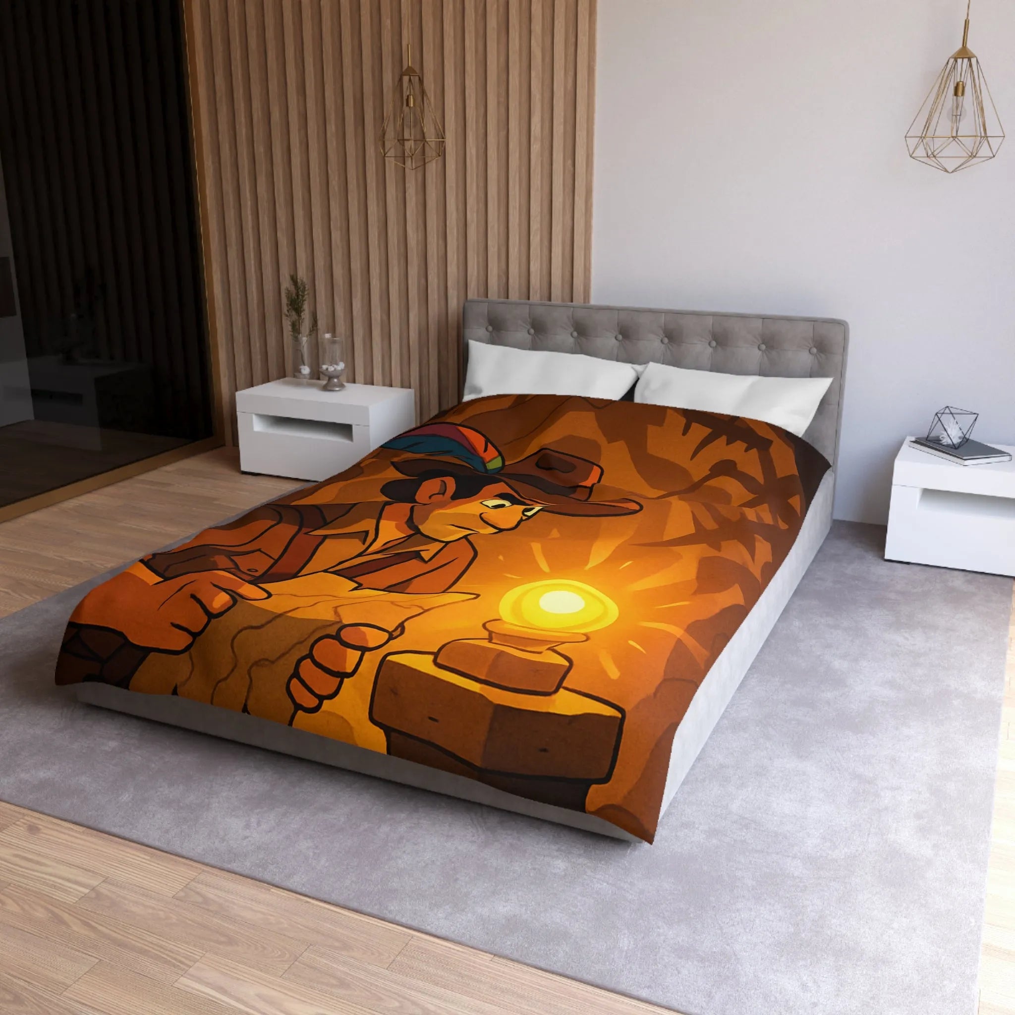 Housse de couette exploration mystérieuse avec lumière dorée et carte ancienne