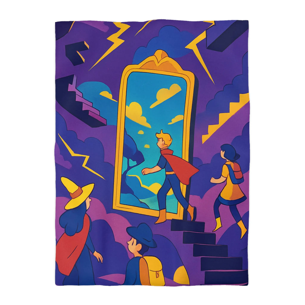Housse de couette aventure magique avec personnages et miroir vers un monde fantastique
