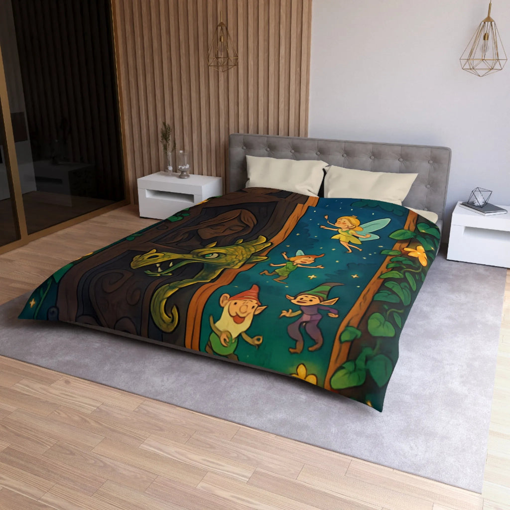 Housse de couette magique avec fées et lutins dans une forêt enchantée la nuit