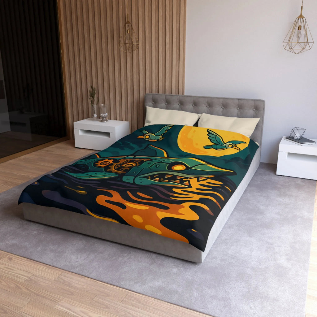 Housse de couette colorée avec requin mécanique sous lune dorée et oiseaux stylisés