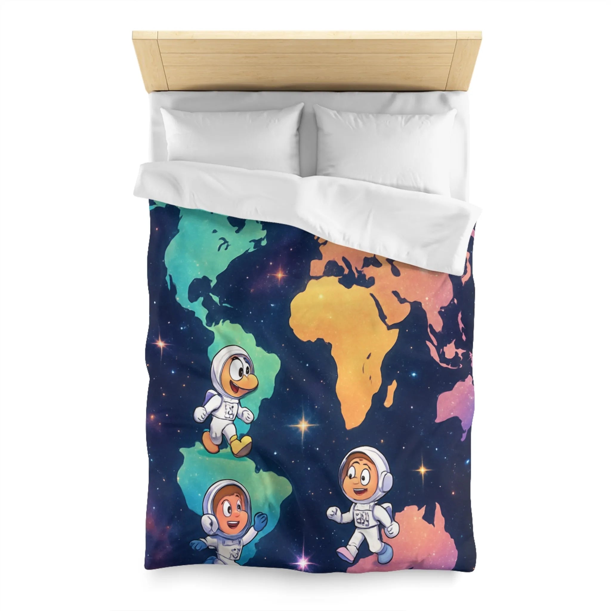 Housse de Couette Astronaute Enfantine Arc-en-Ciel Monde Spacieux Carte Terre Étoilée Cosmonautes Rêveurs