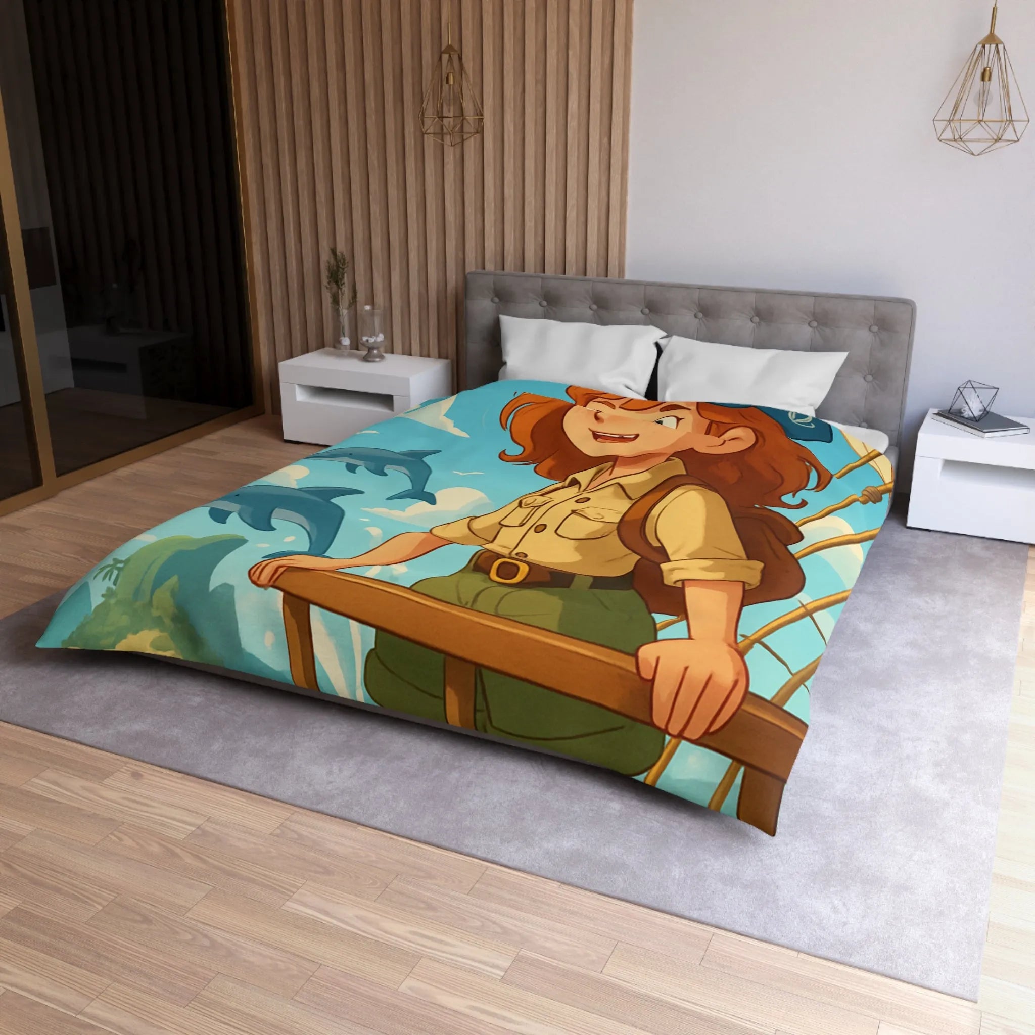 Housse de couette aventure nautique enfantine avec dauphins, voile et exploration marine animée