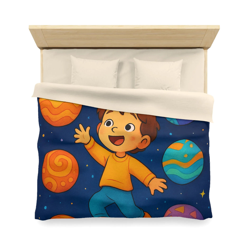 Housse de couette enfant planète colorée avec garçon dans l'espace étoilé vibrant