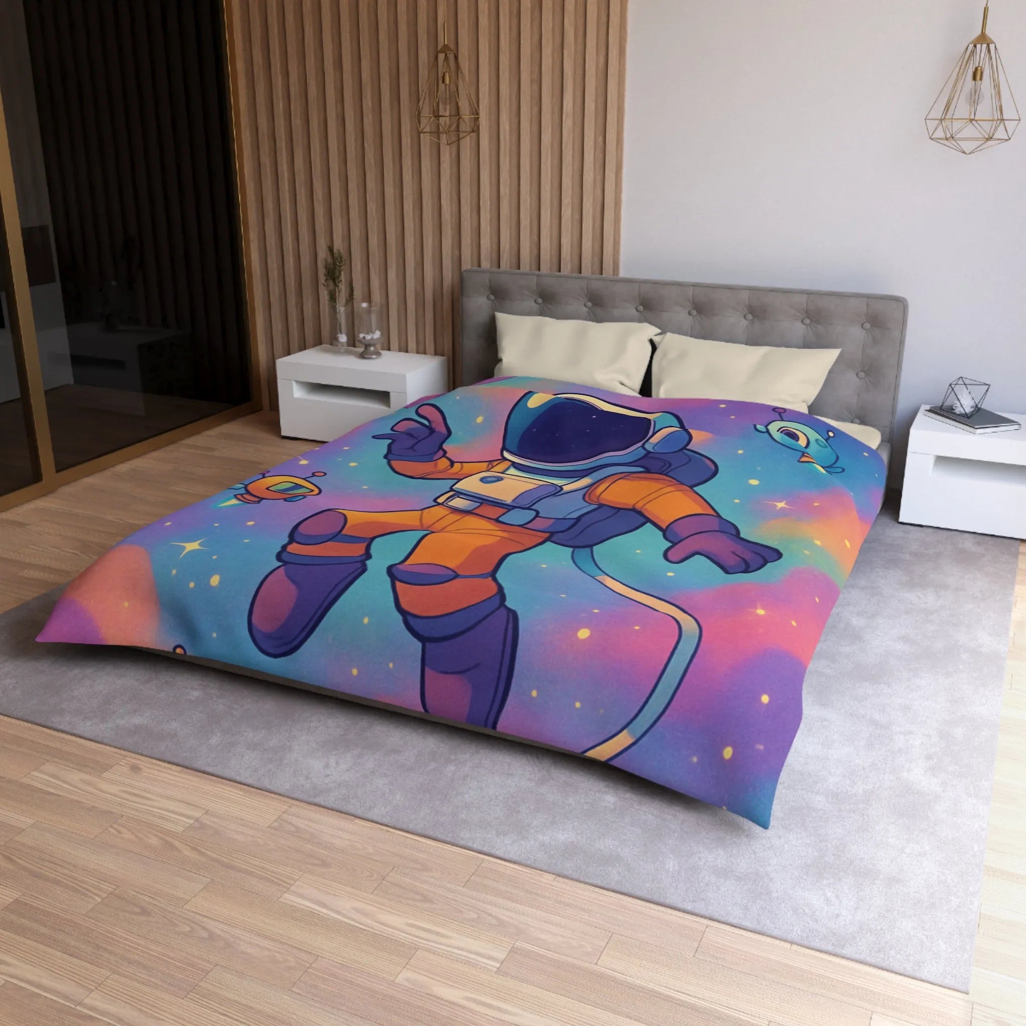 Housse de couette colorée spatiale avec astronaute, planètes et robots ludiques pour enfants