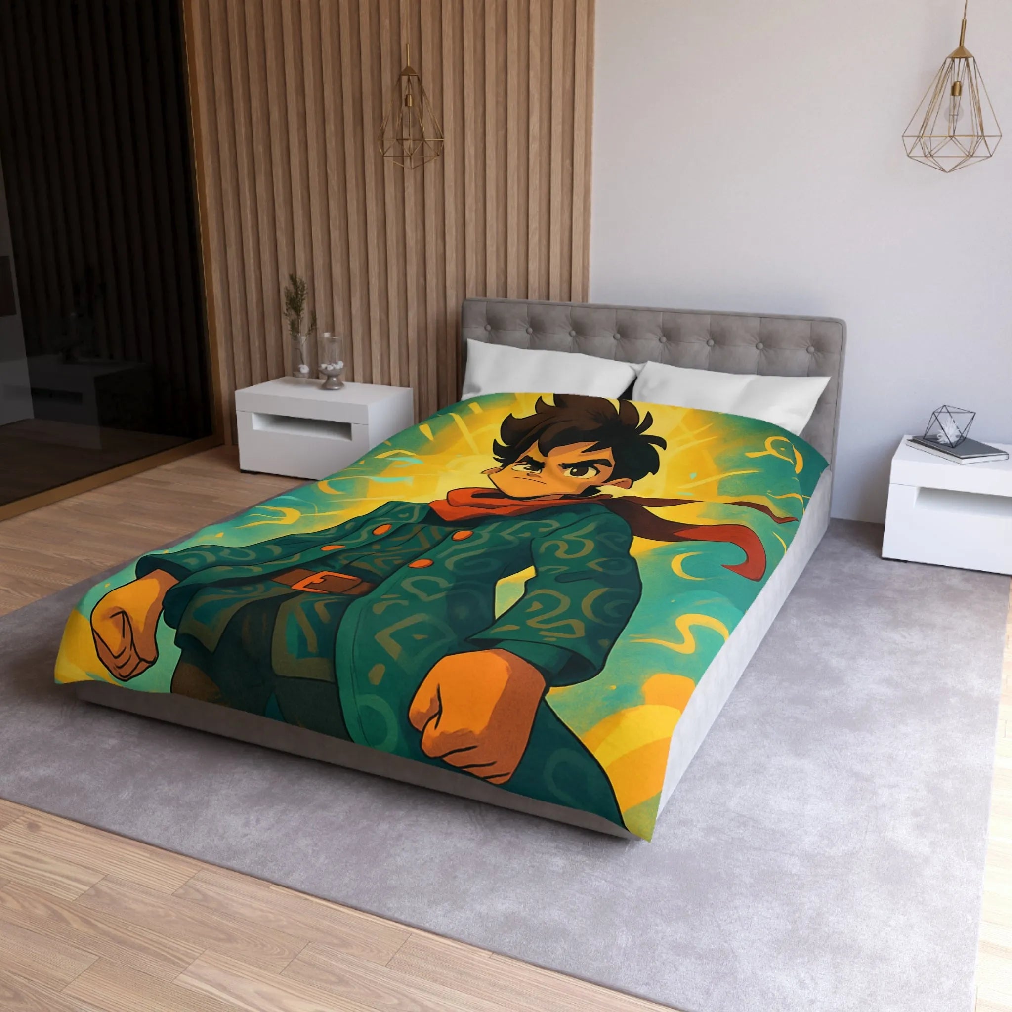 Éclatante illustration magique pour housse de couette avec personnage courageux et motifs abstraits colorés