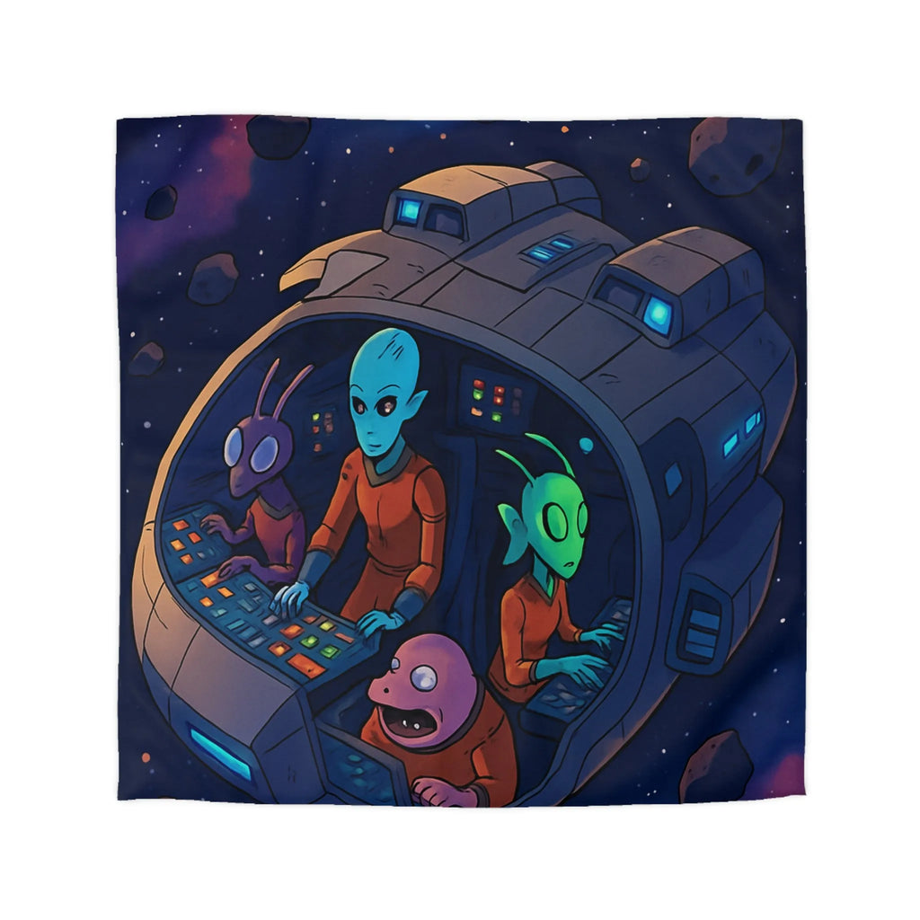 Housse de couette colorée avec extraterrestres dans un vaisseau spatial naviguant dans l'espace