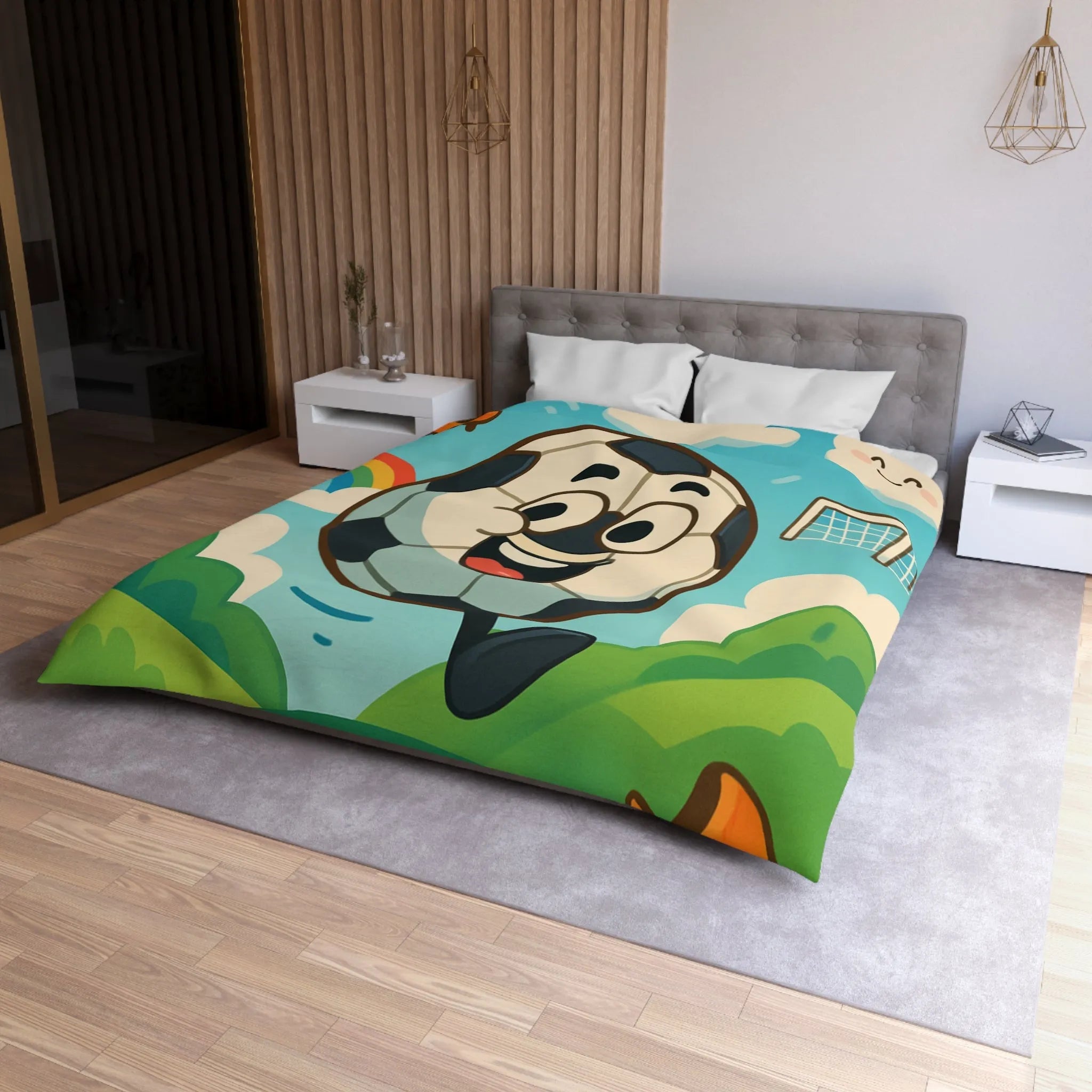 Housse de Couette Enfant Joyeuse avec Ballon de Foot et Arc-en-ciel Coloré