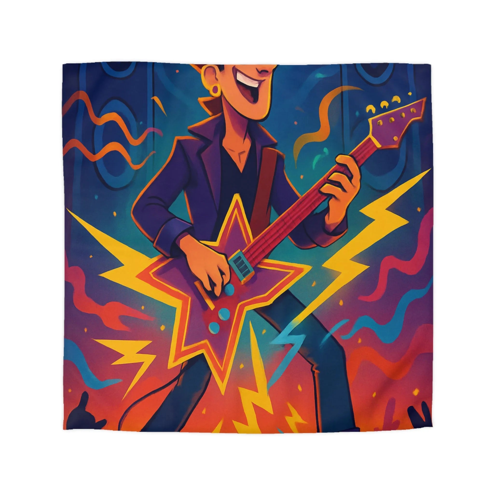 Housse de couette colorée avec musicien à la guitare électrique et effets visuels