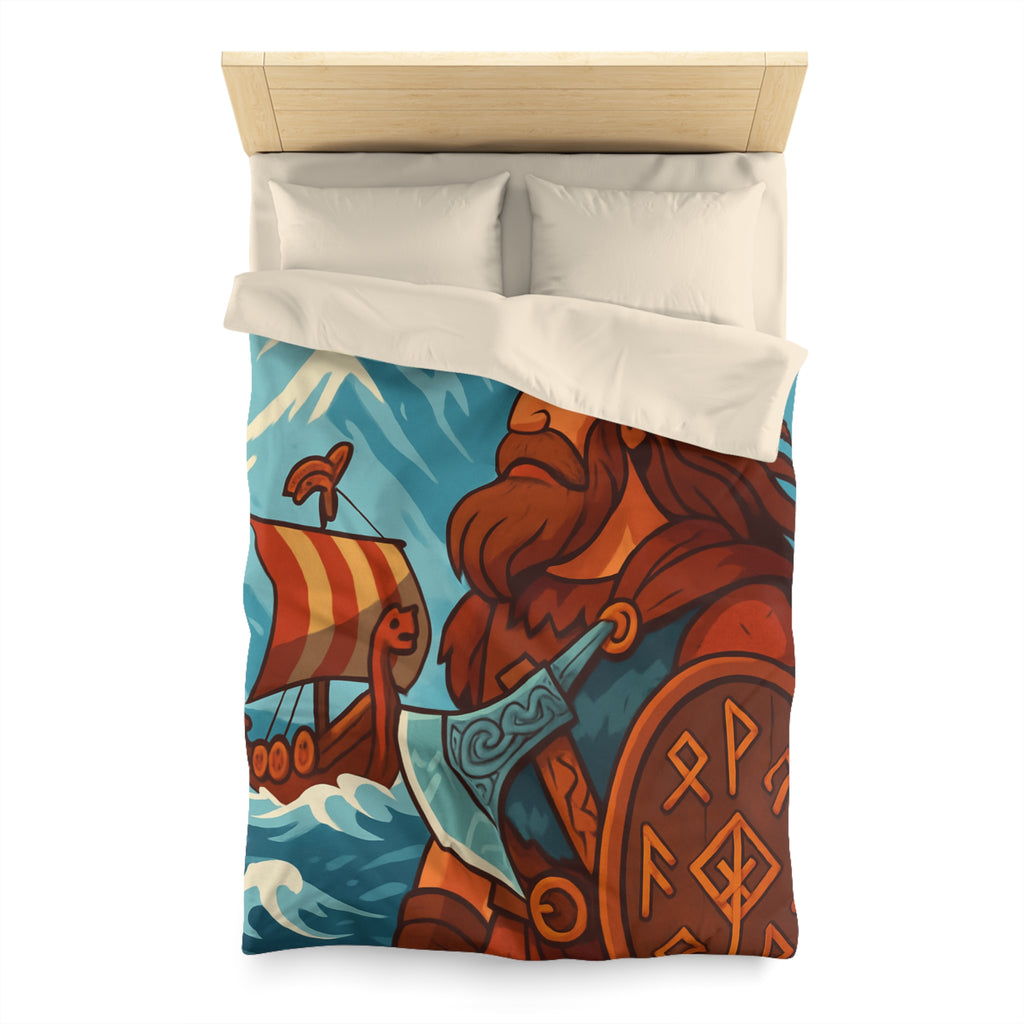 Housse de couette viking avec guerrier, montagne, navire, mer, motifs runiques