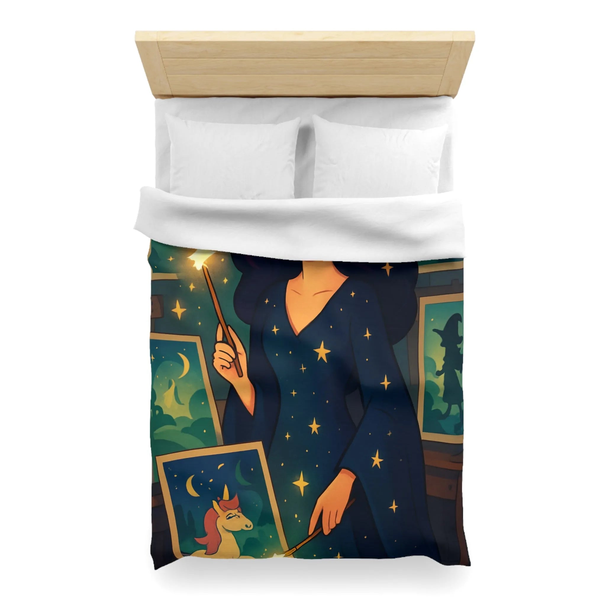 Housse de couette magique avec motif étoilé et créatures fantastiques pour chambre féérique