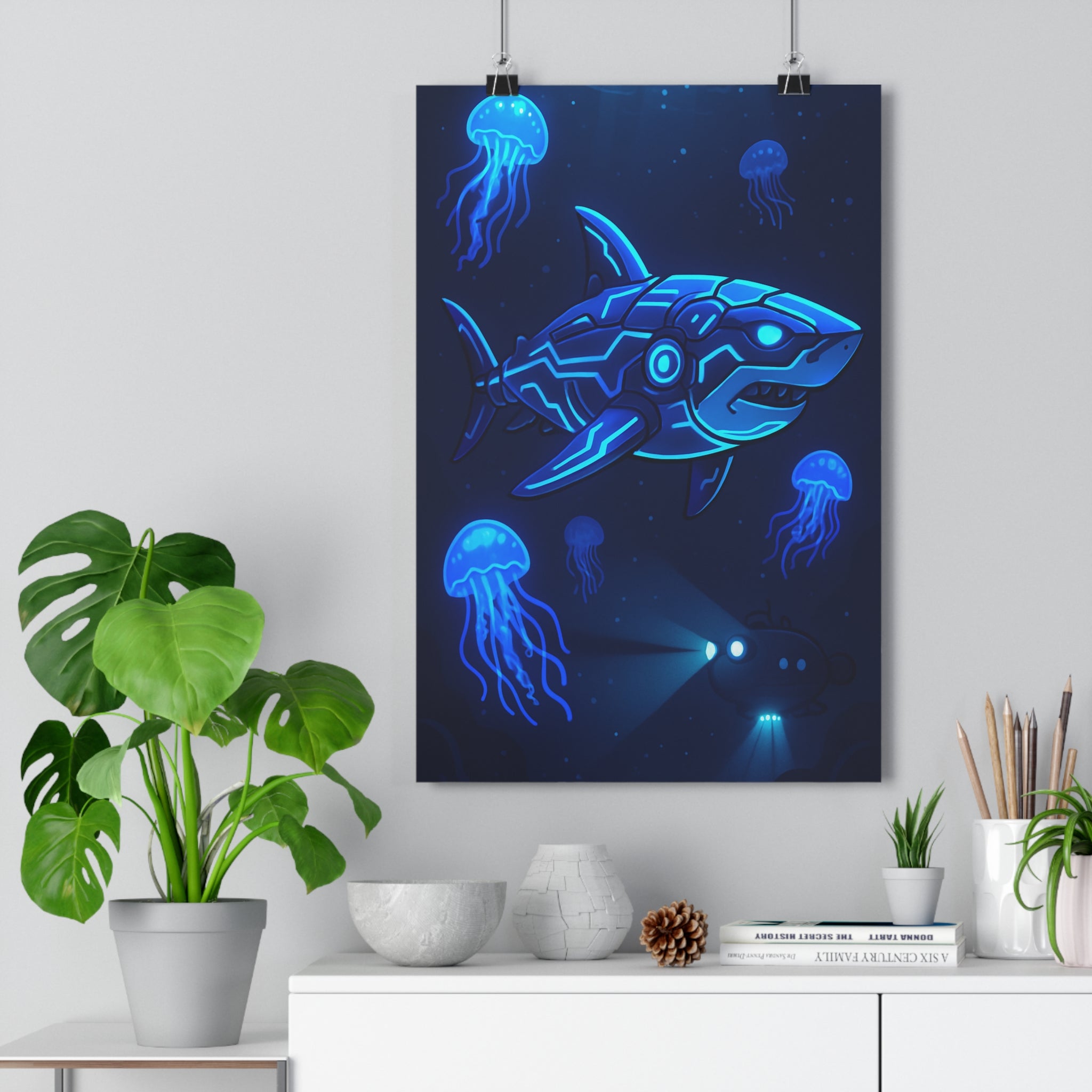 Poster décoratif moderne requin néon futuriste mystique bleu électrique salon chambre bureau océan design