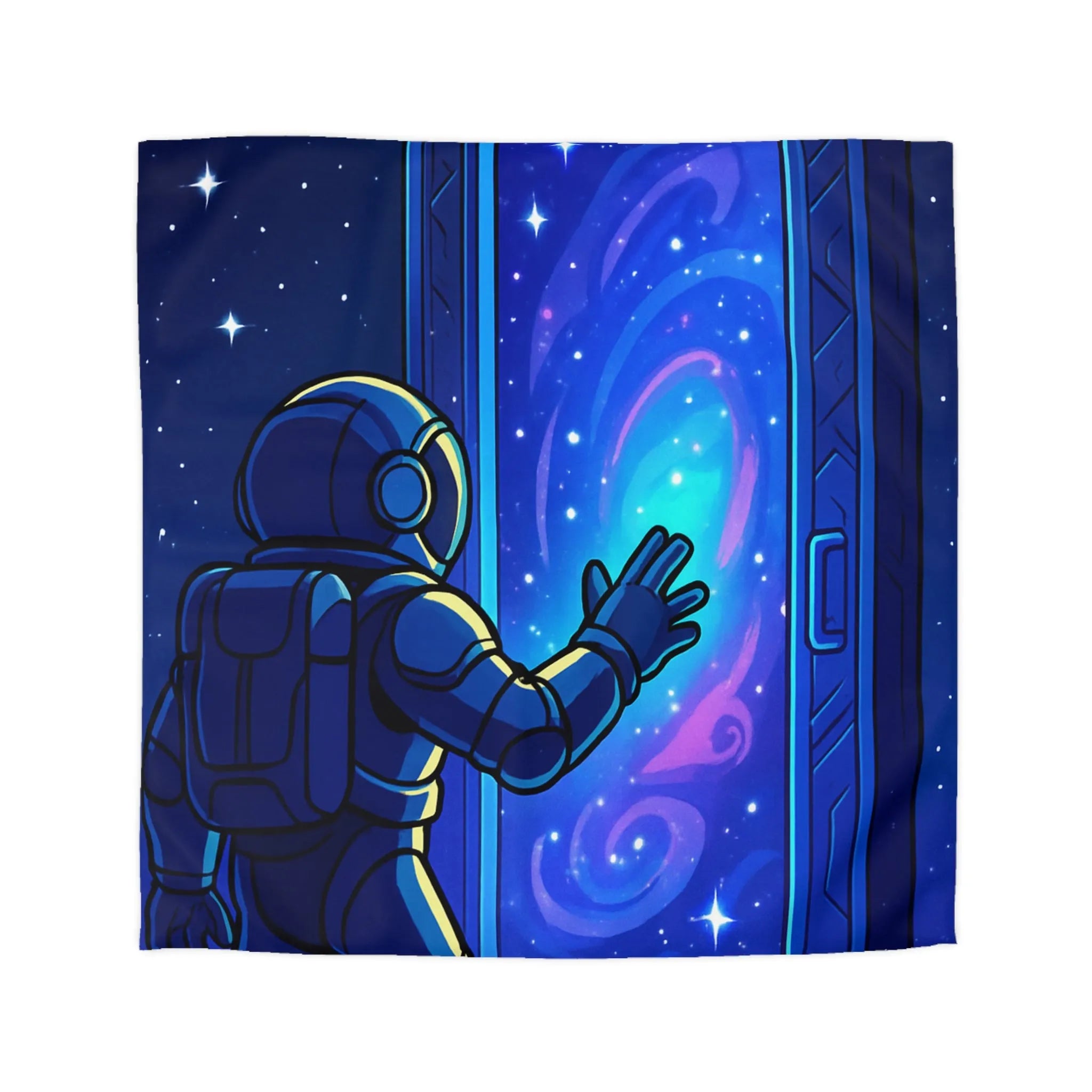 Housse de couette astronaute explorant une porte cosmique vers une galaxie colorée mystérieuse