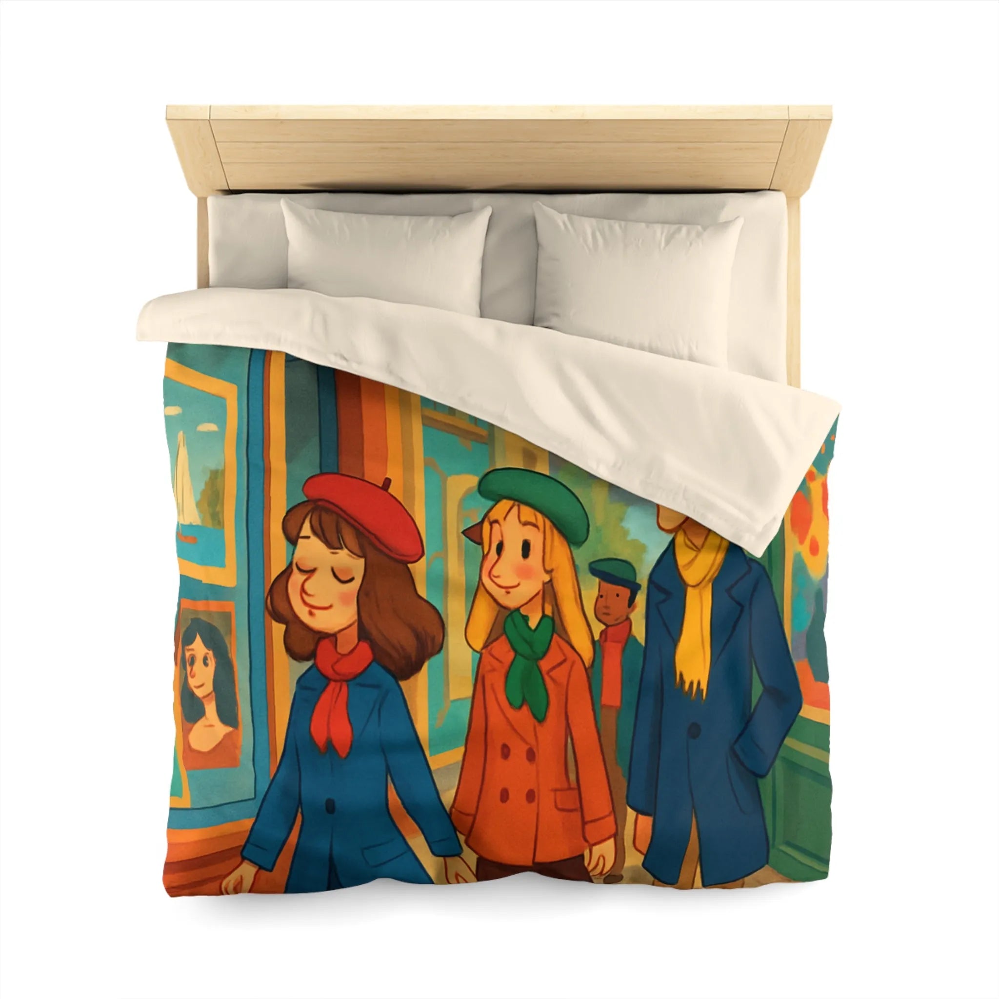 Housse de couette illustrée Paris promenade style rétro avec amis et Tour Eiffel