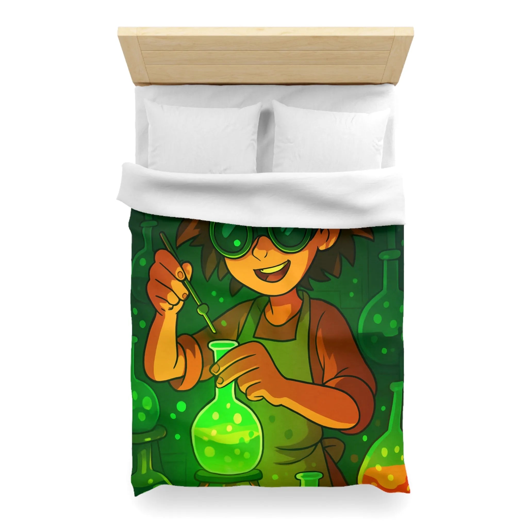 Housse de couette colorée avec un jeune chimiste dans un laboratoire mystérieux et magique