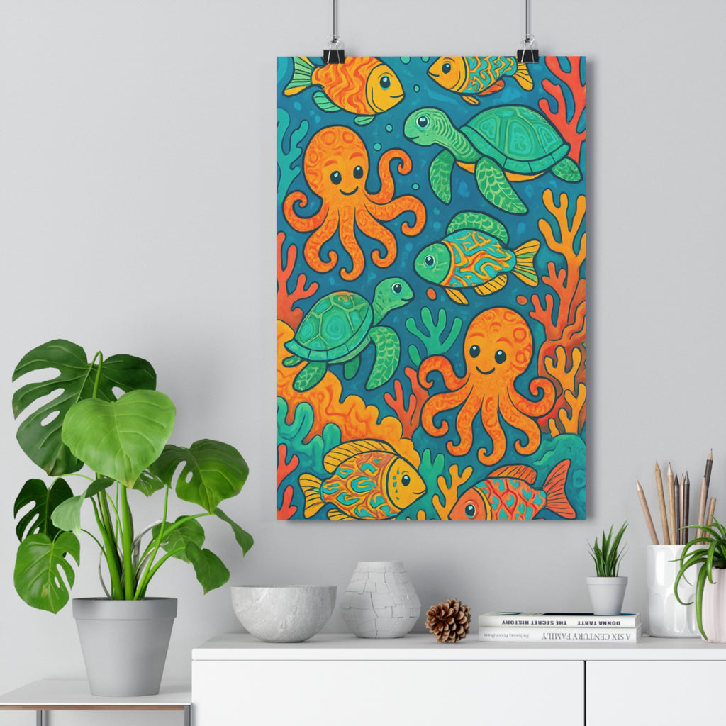 Poster décoratif cartoon enfants chambre bleu vert orange joyeux ludique océan créatif coloré 30x46
