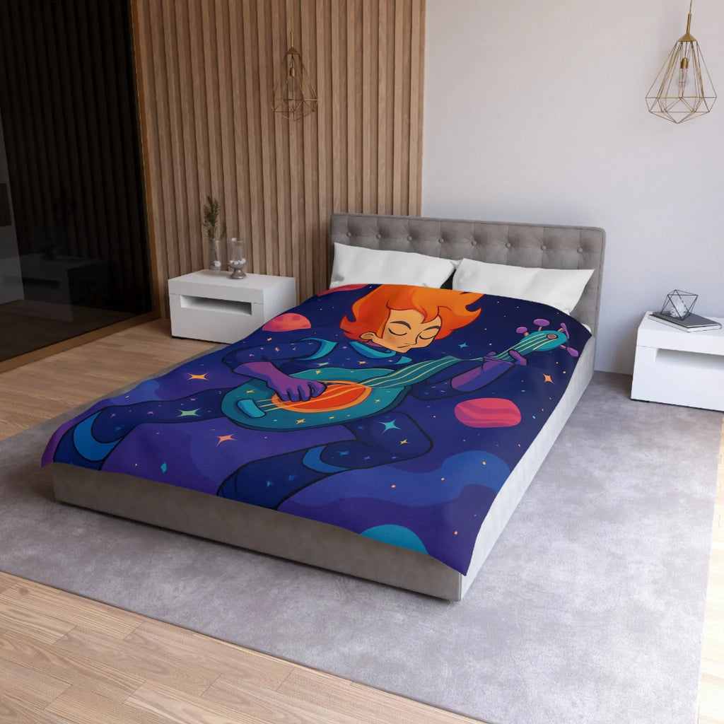 Housse de couette artistique espace avec musicien, planètes et comète colorée