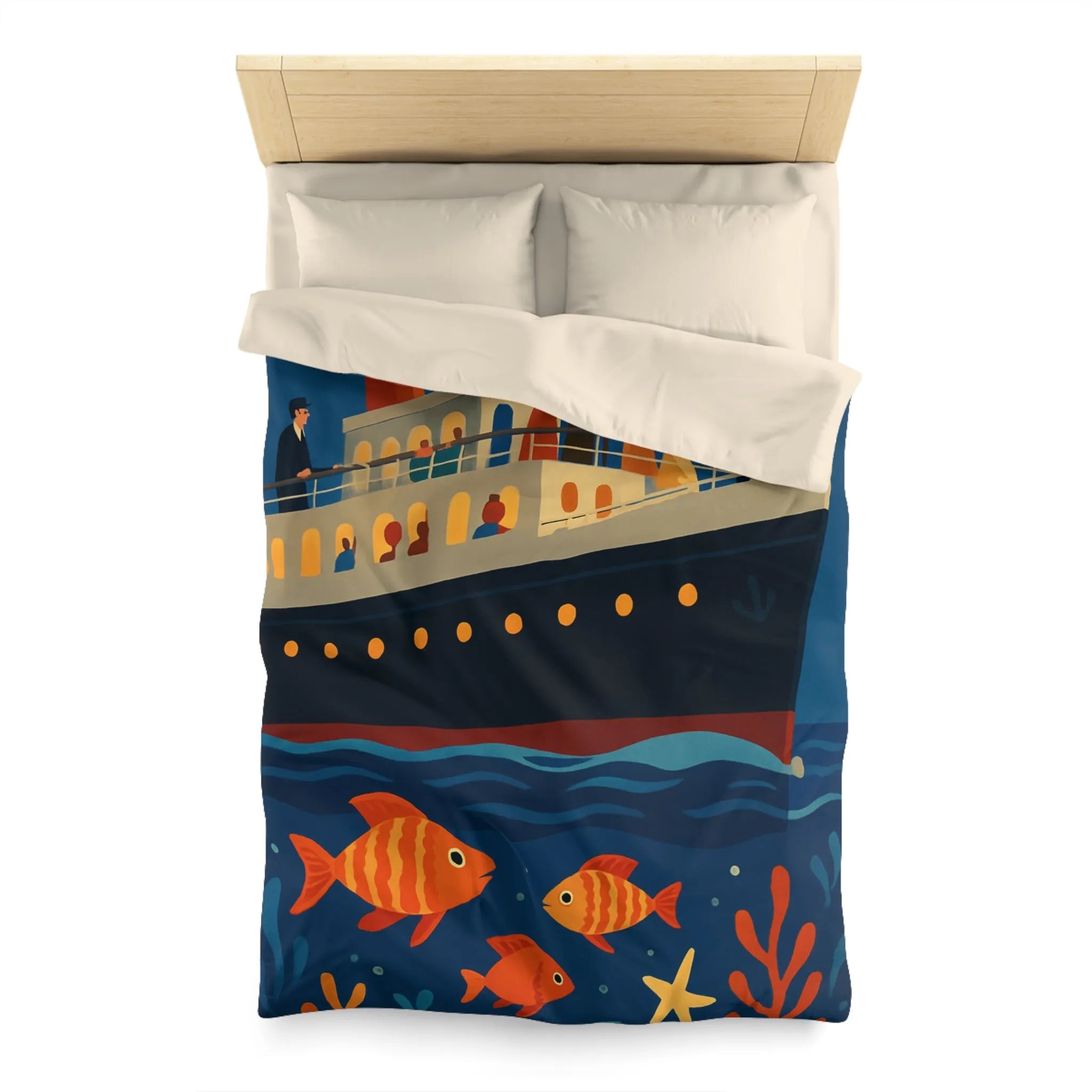 Housse de couette bateau rétro, poissons colorés, ambiance marine, nuit étoilée