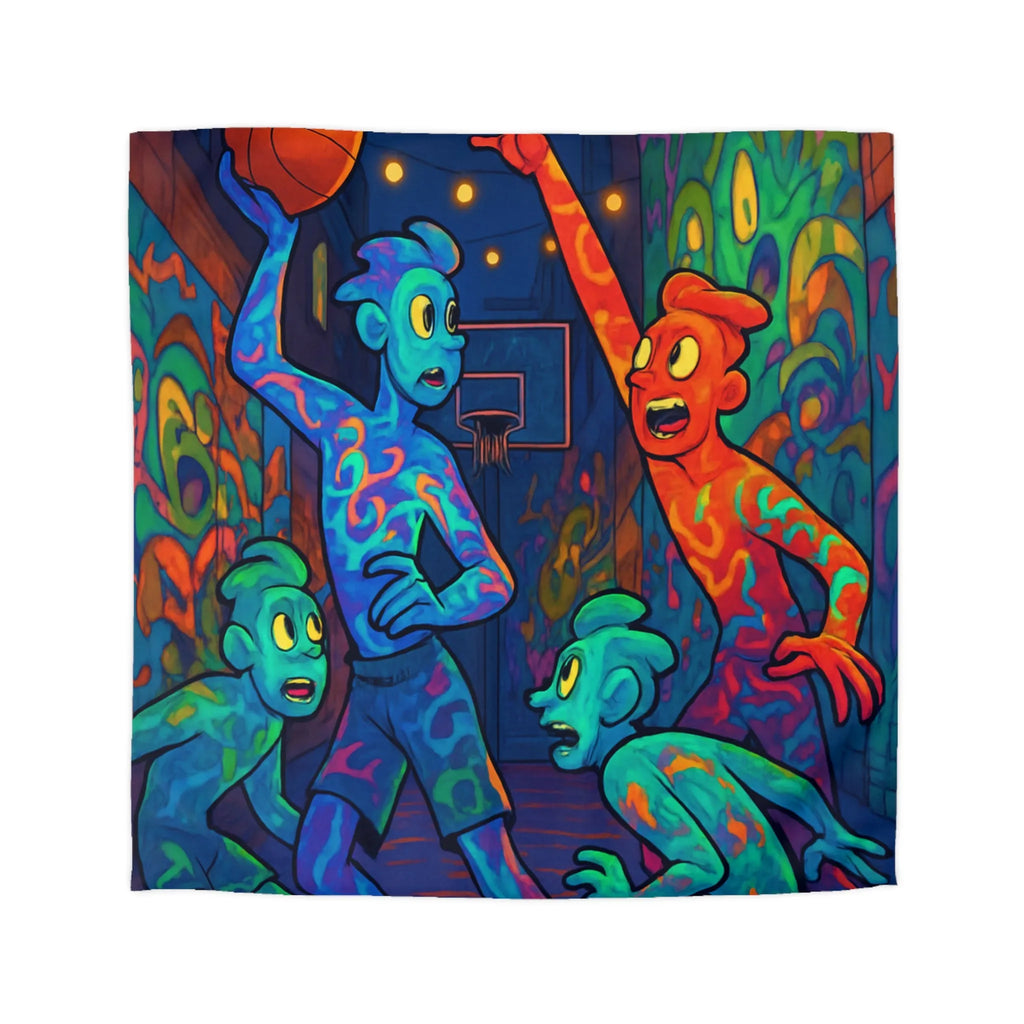 Housse de couette colorée avec personnages abstraits jouant au basket la nuit