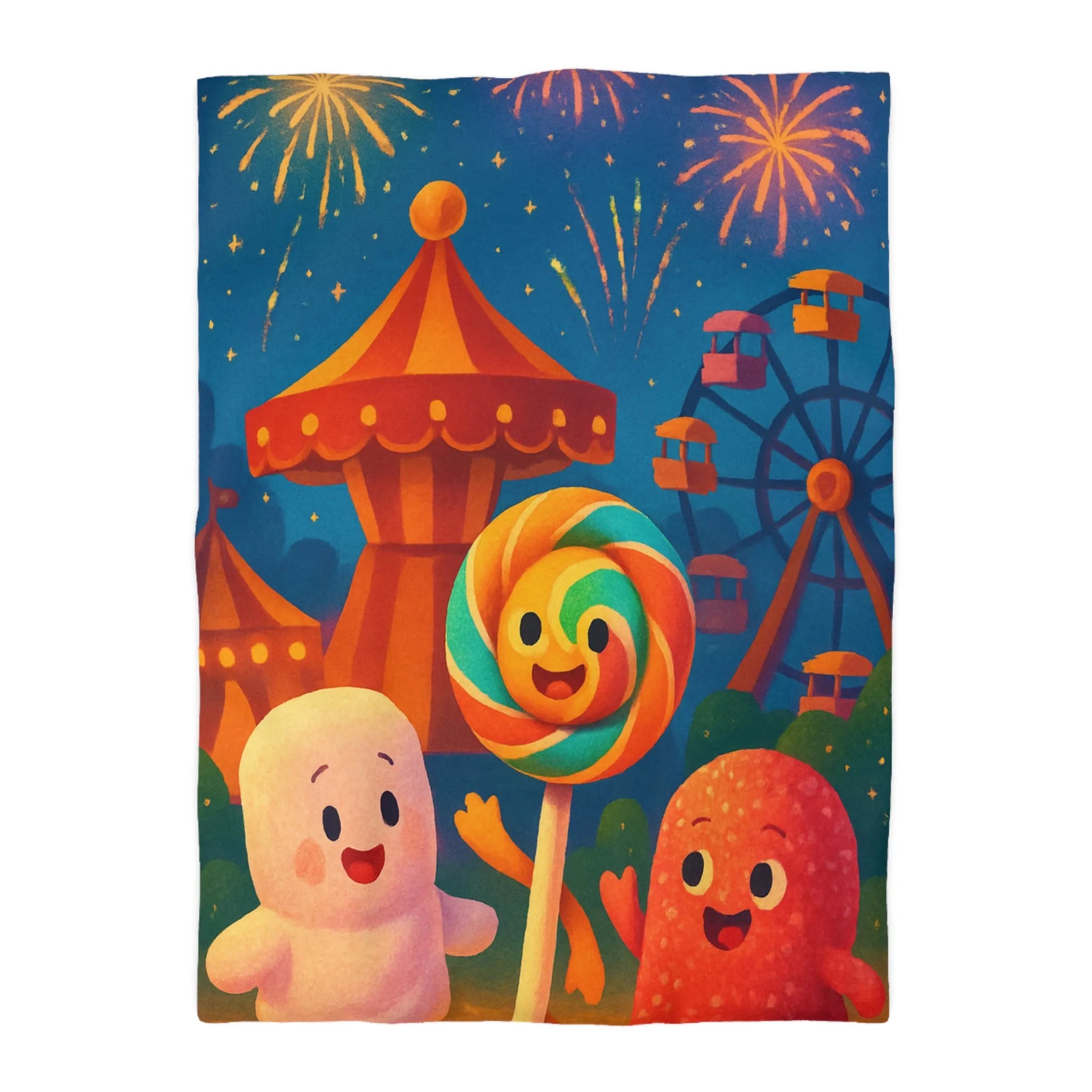 Housse de couette douce fête foraine avec marshmallow, sucette et feu d'artifice