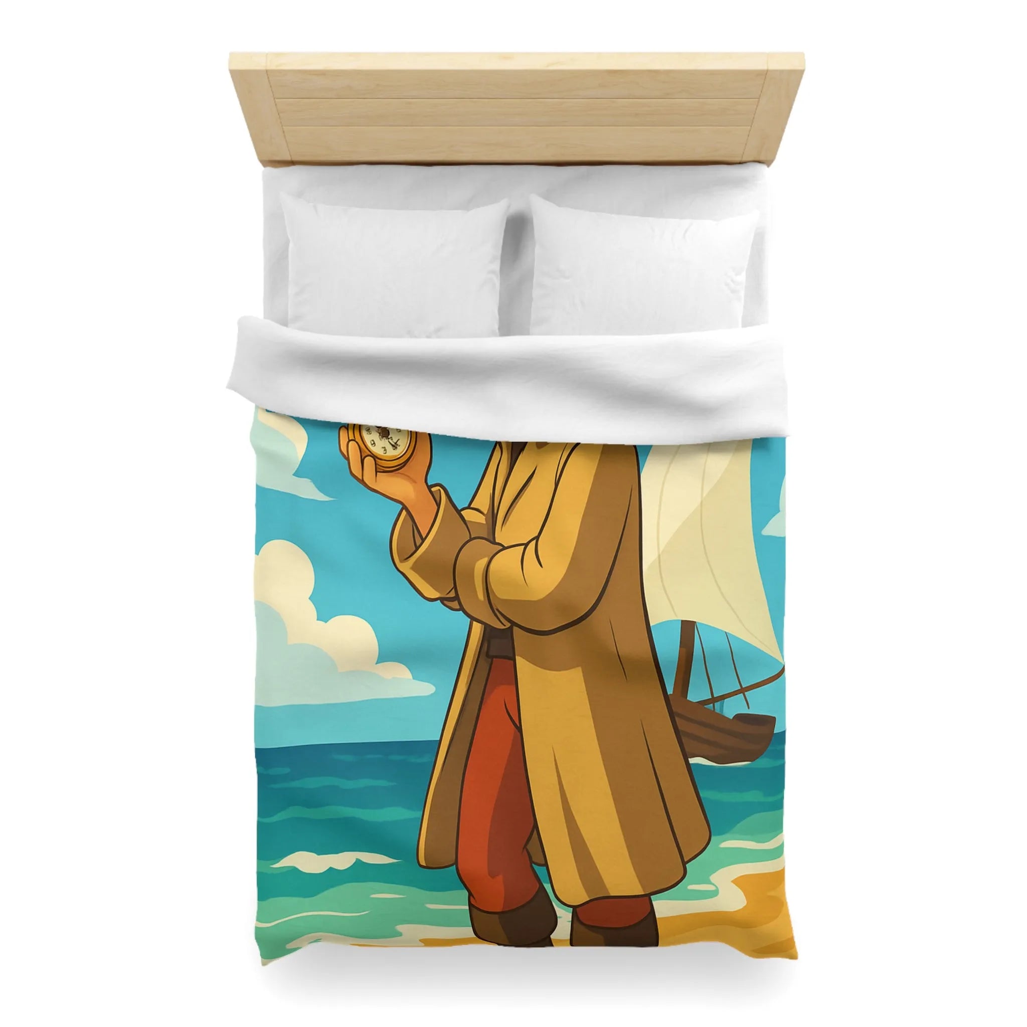 Housse de couette avec illustration de marin vintage et montres de poche sur plage