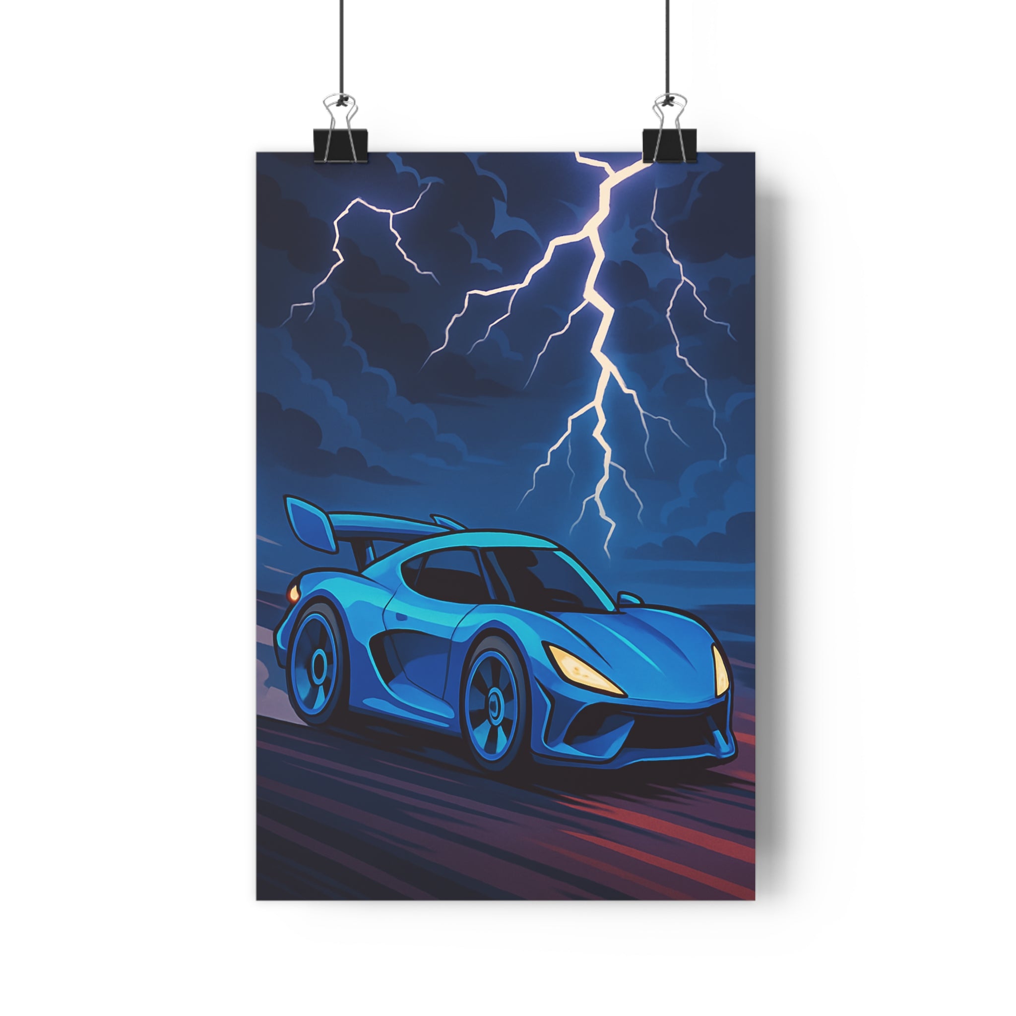 Poster décoratif moderne bleu jaune automobile sportive dynamique orage éclair chambre bureau tendance ambiance