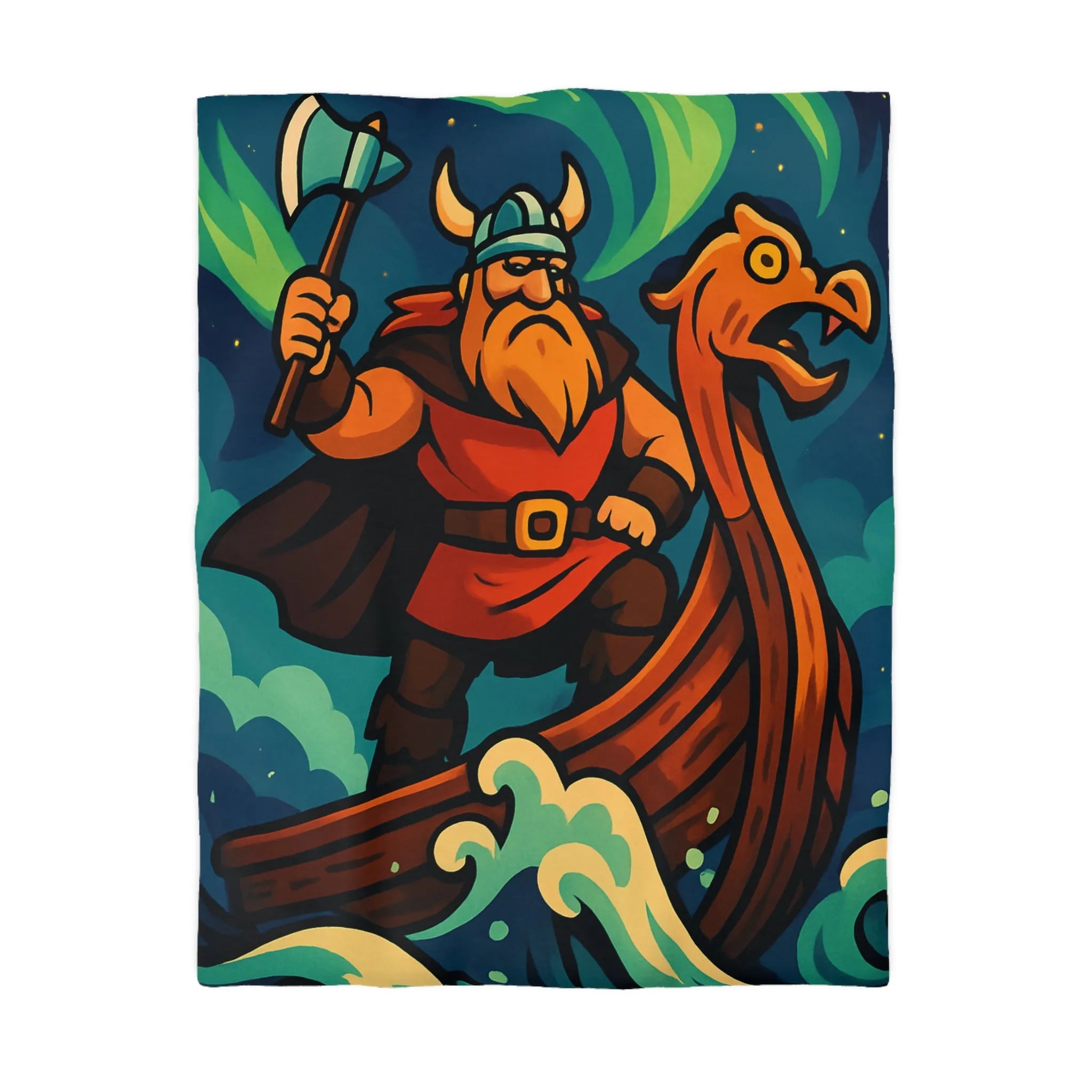 Housse de couette illustrée avec guerrier viking sur drakkar et aurores boréales