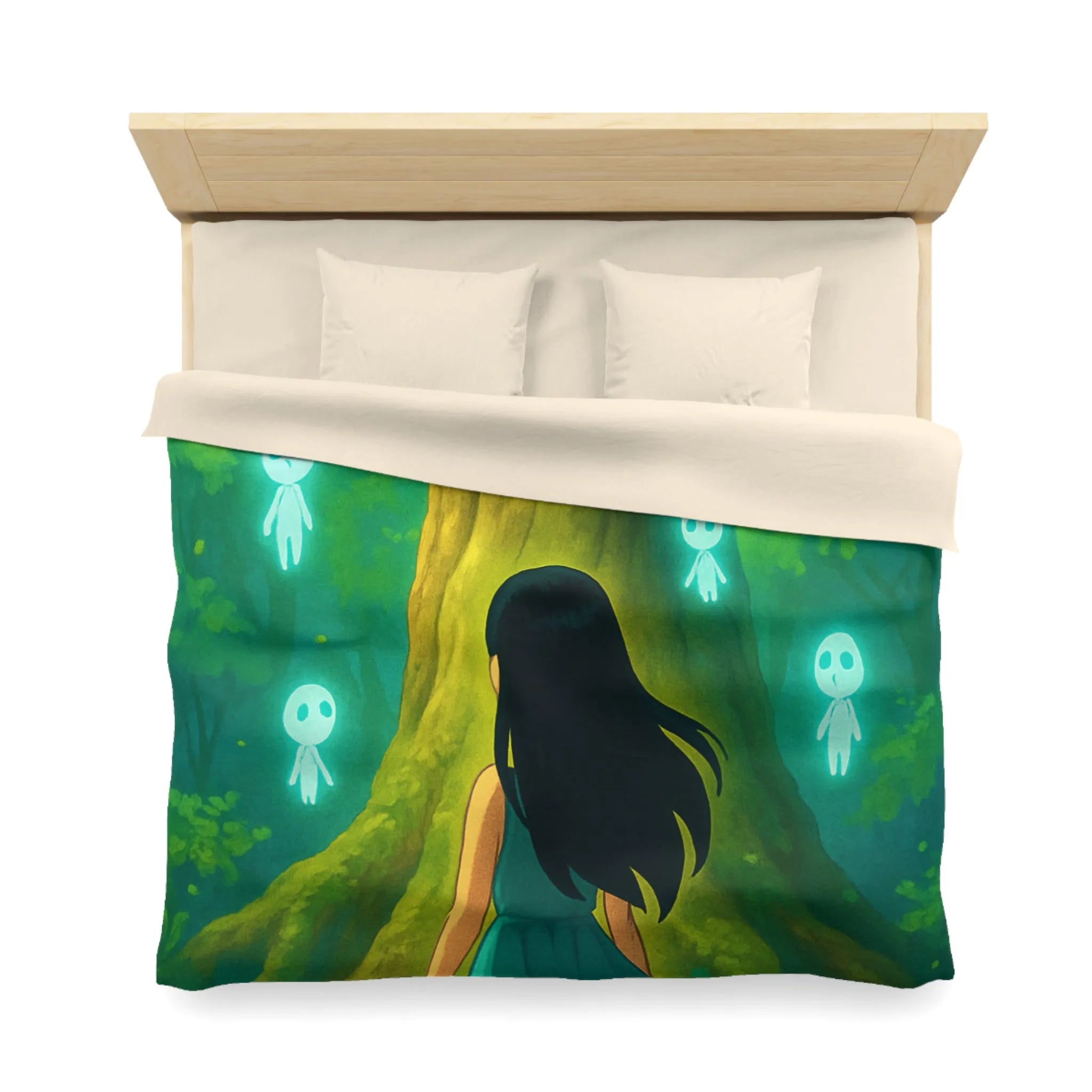 Housse de couette forêt mystique avec fille et esprits lumineux style onirique enchanteur