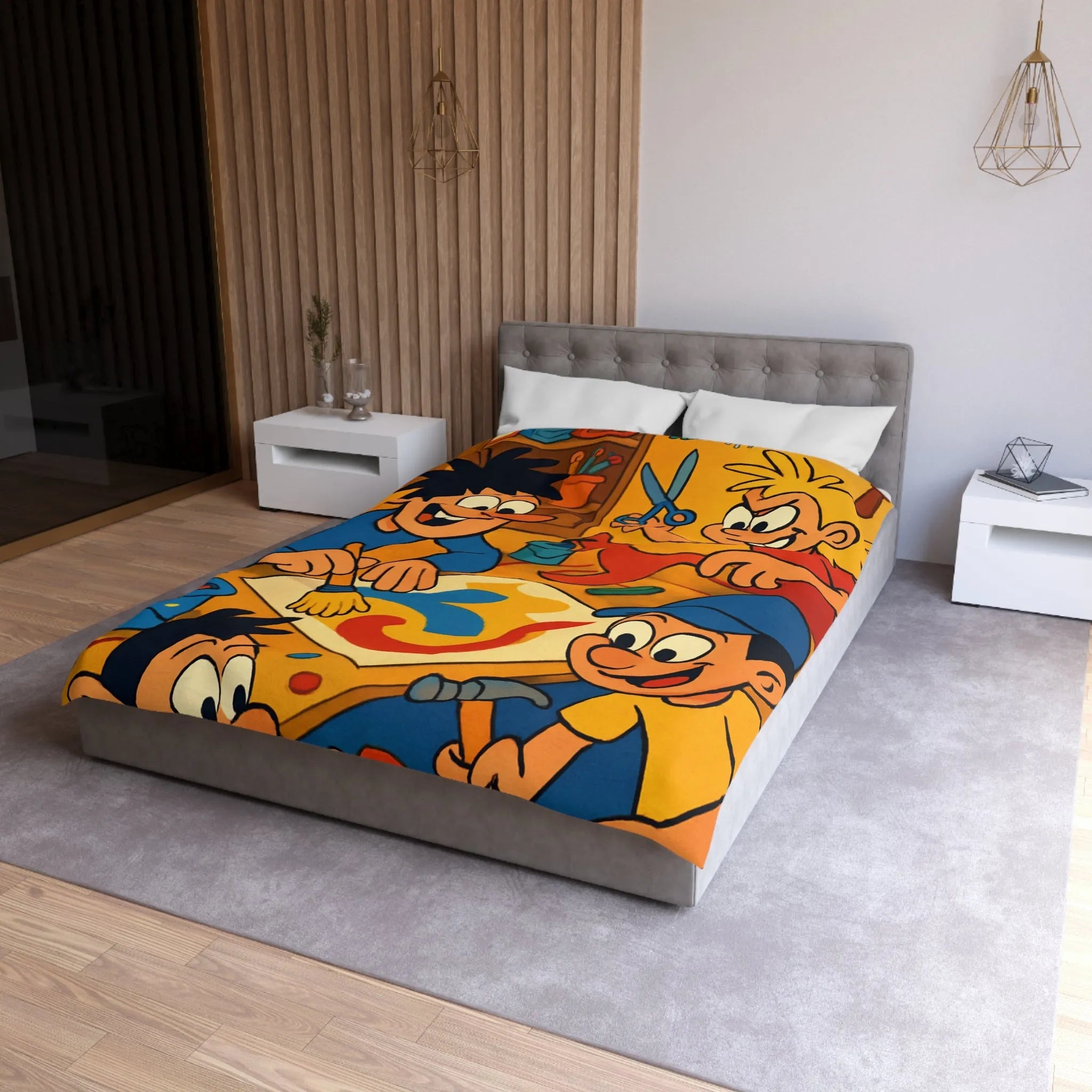 Housse de couette coloriée ludique avec enfants joyeux peignant et créant ensemble dans atelier