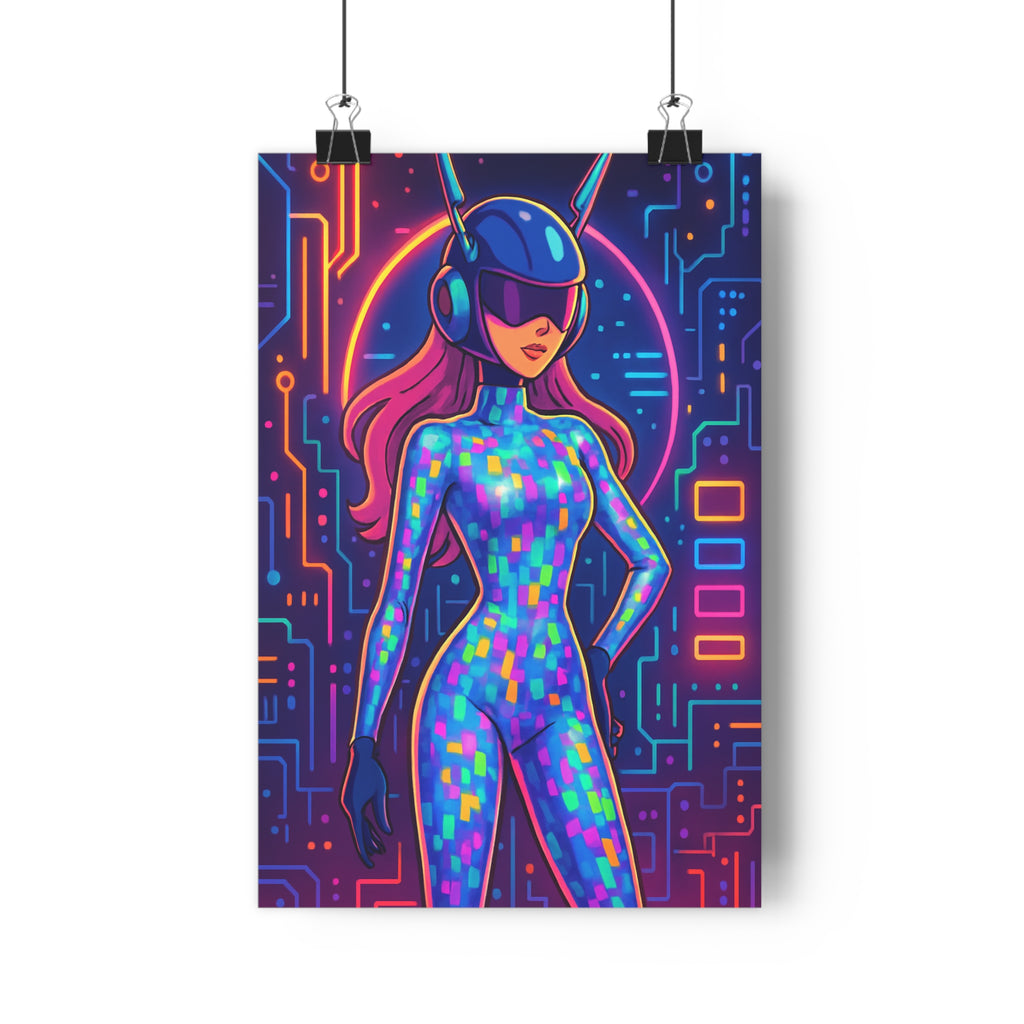 Poster décoratif futuriste cybernétique néon femme bleu rose jaune chambre moderne dynamique éléctronique 30x46