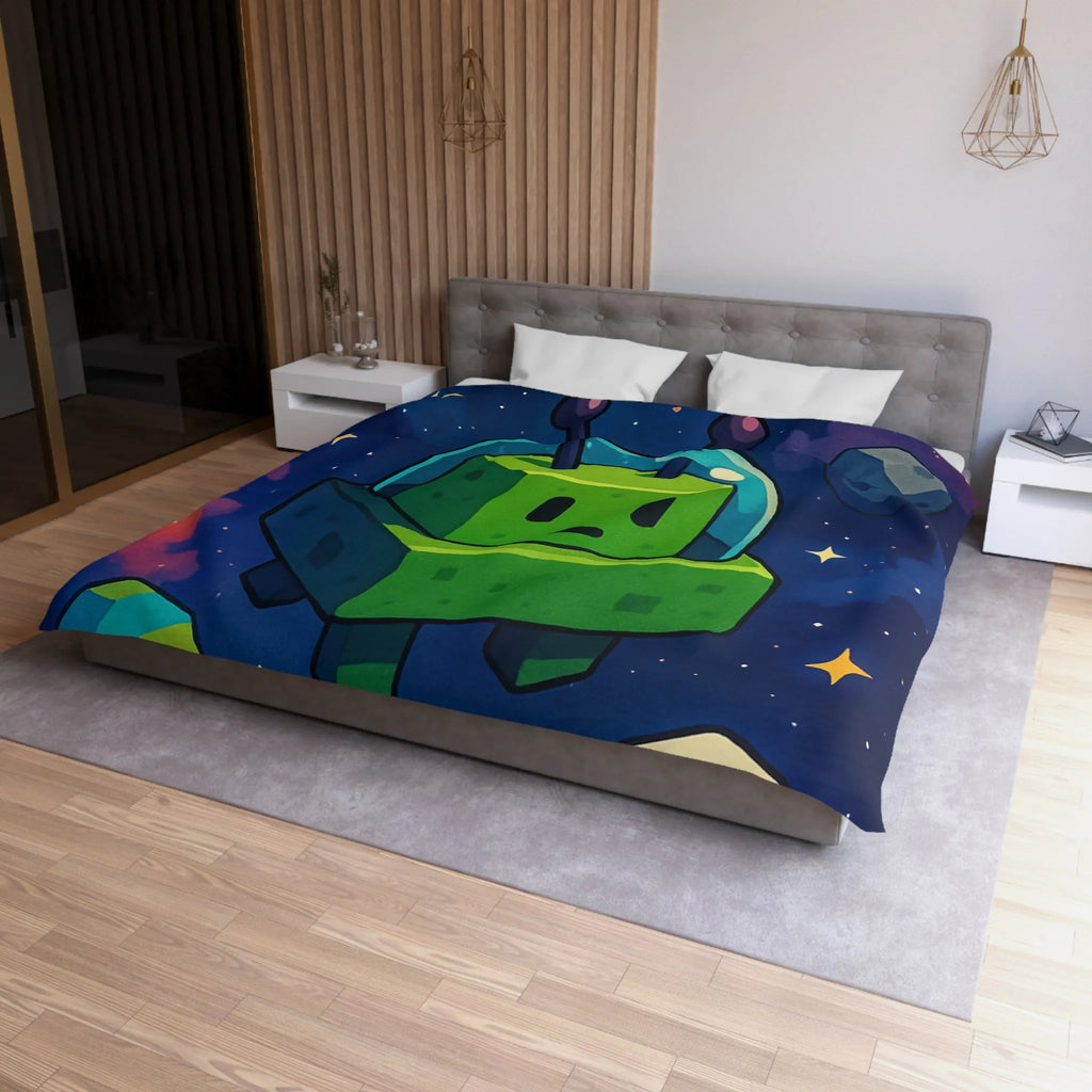 Housse de Couette Cosmos mignon extraterrestre vert cubique et planètes pixelisées