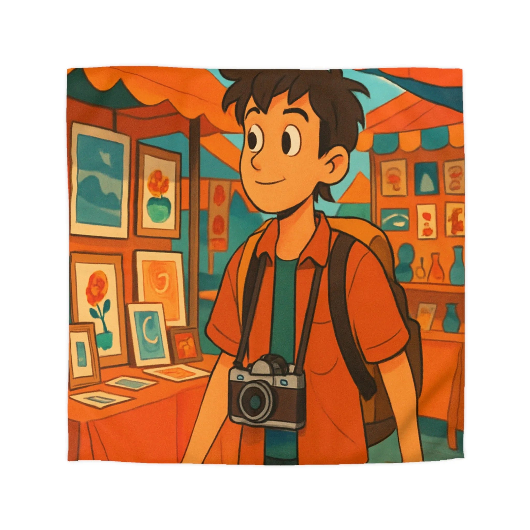 Housse de couette animée avec jeune explorateur et marché aux lanternes colorées