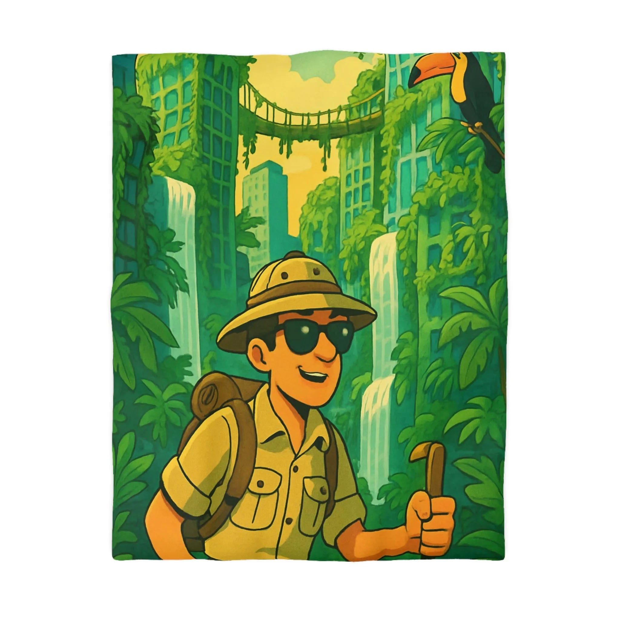 Housse de Couette Aventure Tropicale Multicolore avec Explorateur et Faune Luxuriante