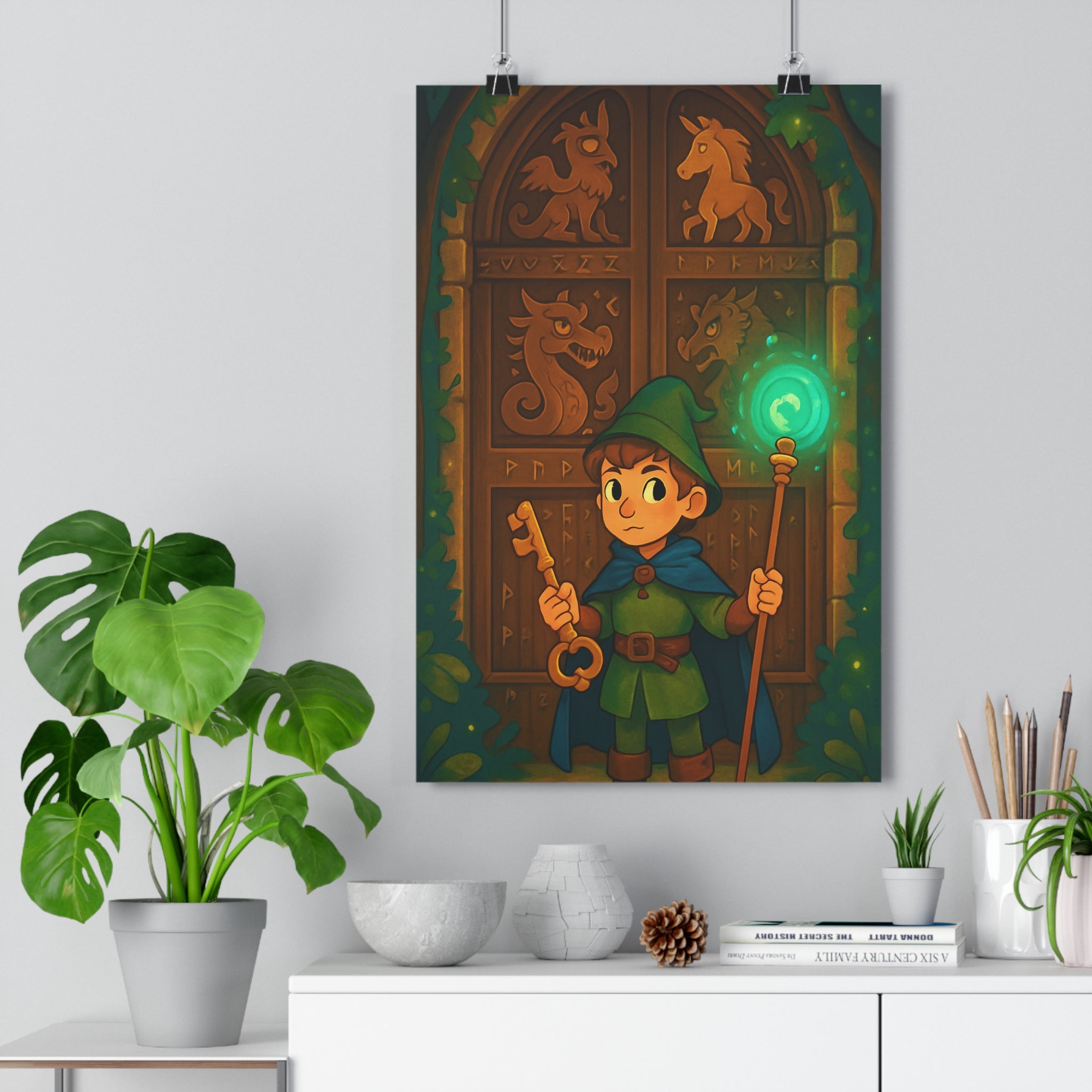 Poster décoratif fantastique vert médiéval mystique créature salon chambre magique aventure mystérieux élégant tendance