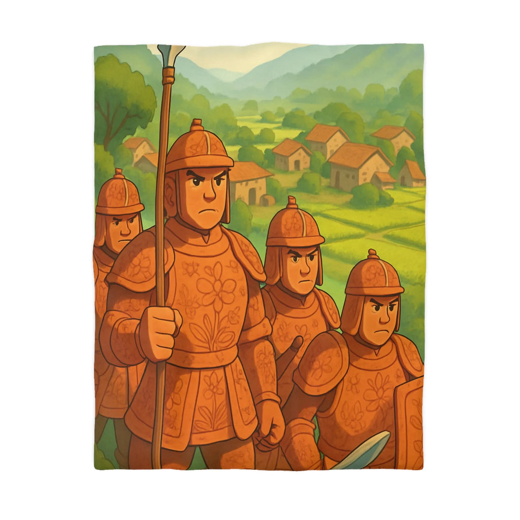 Housse de couette illustrée guerriers médiévaux champêtres dégradé vert orange doux et enfantin