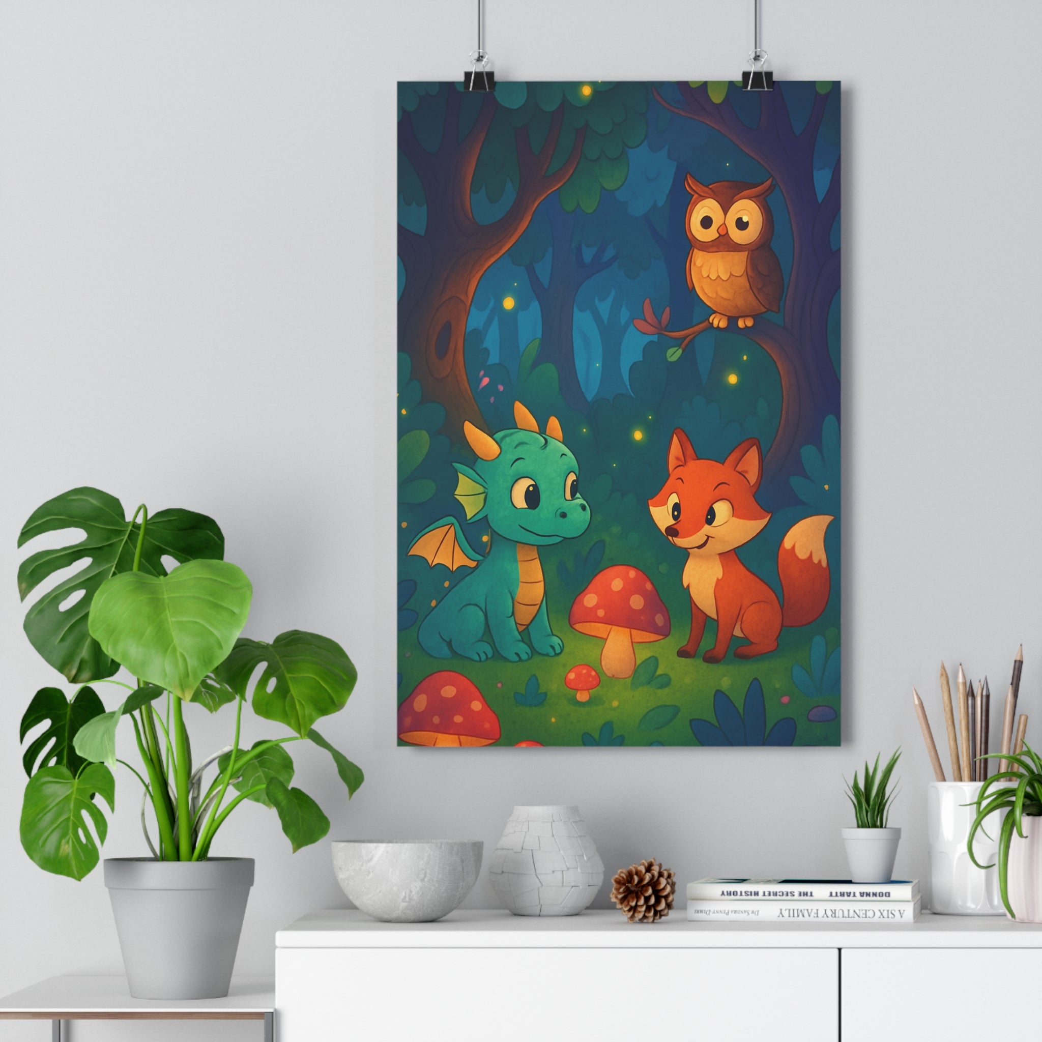 Poster décoratif forêt enchantée vert orange dragon renard hibou magique enfant mystique rêveur lumineux