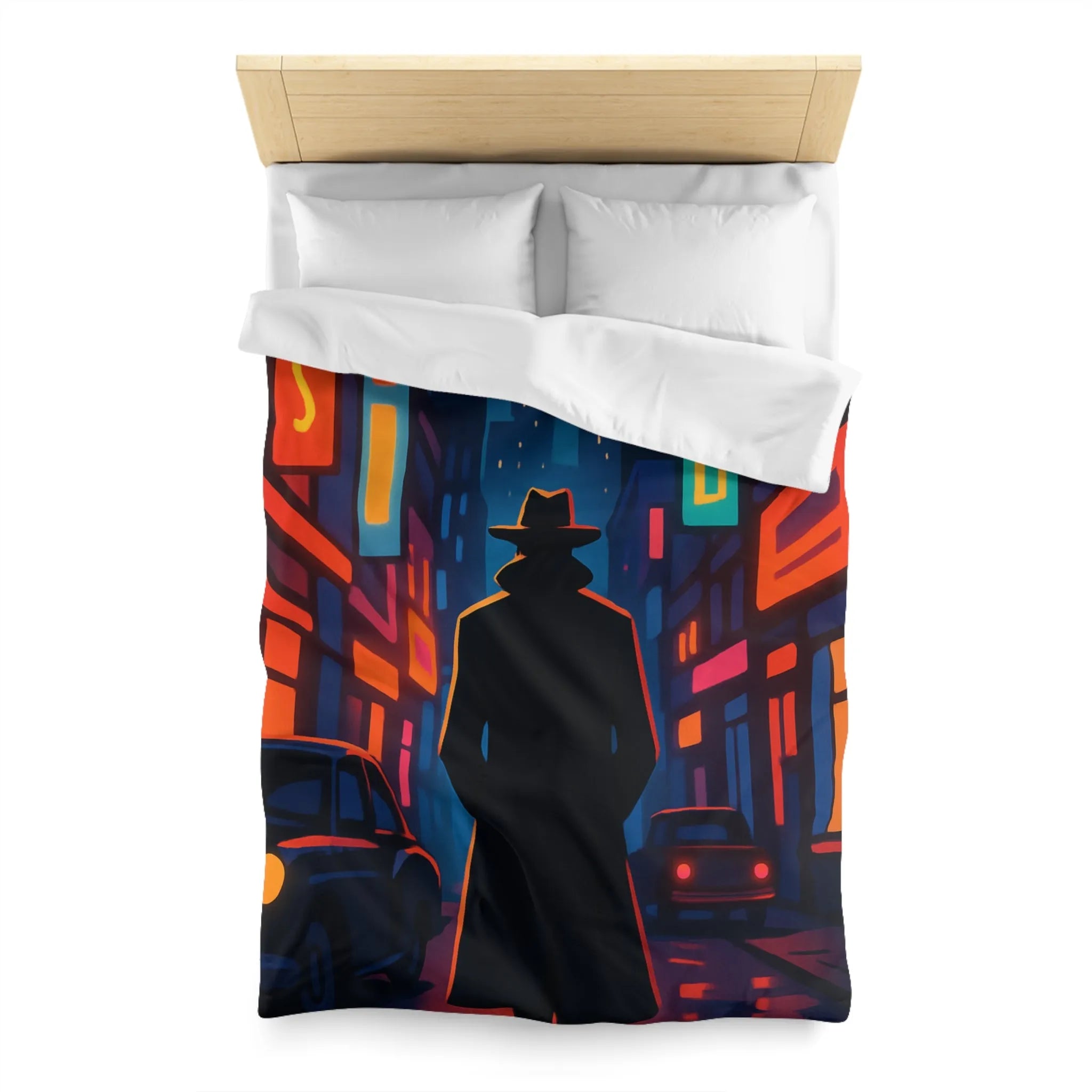 Housse de couette avec silhouette urbaine rétro, lune mystérieuse et néons intenses