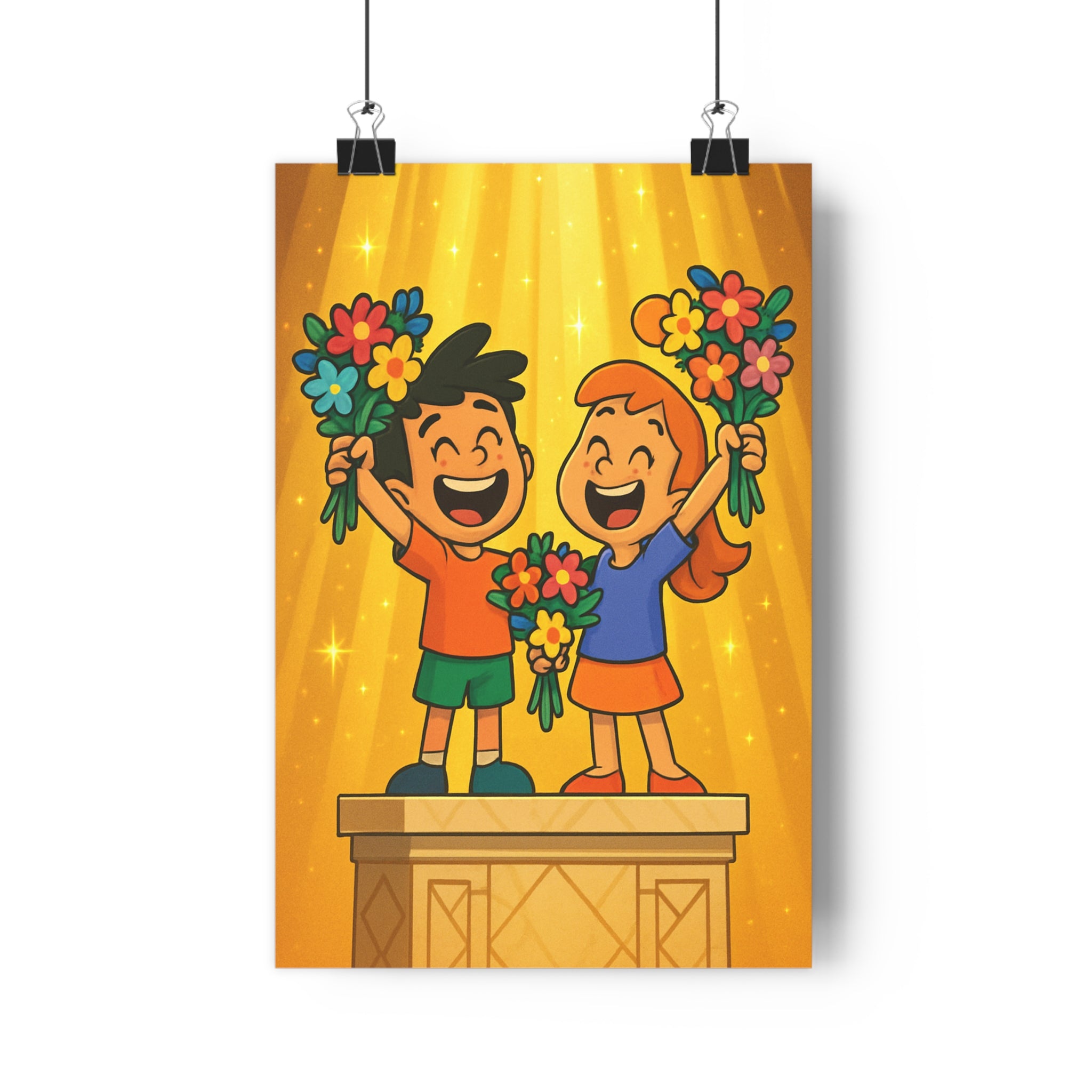 Poster décoratif enfants cartoon pastel doré joyeux chambre jeu ambiance festive lumineux 30x46 qualité