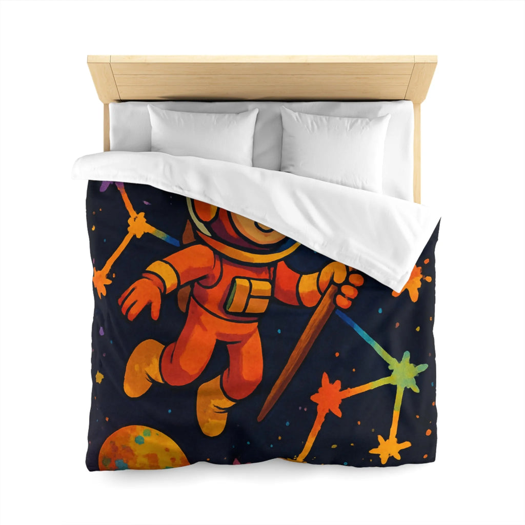 Housse de couette enfant : astronaute, peintre de l'univers, planètes colorées et célestes étoiles