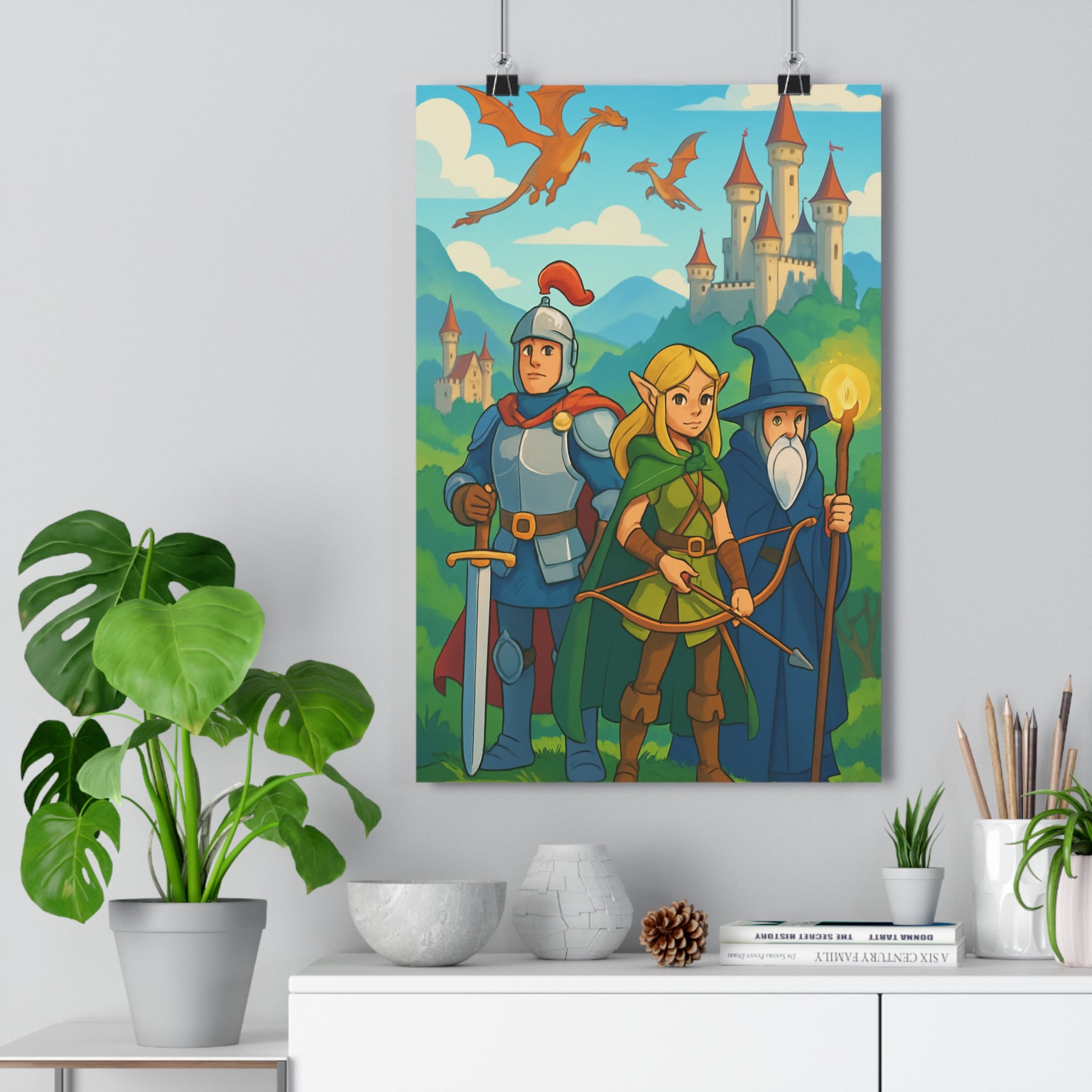 Poster décoratif fantasy anime chevalier magicien dragon château médiéval épique aventure chambre salon vibrant
